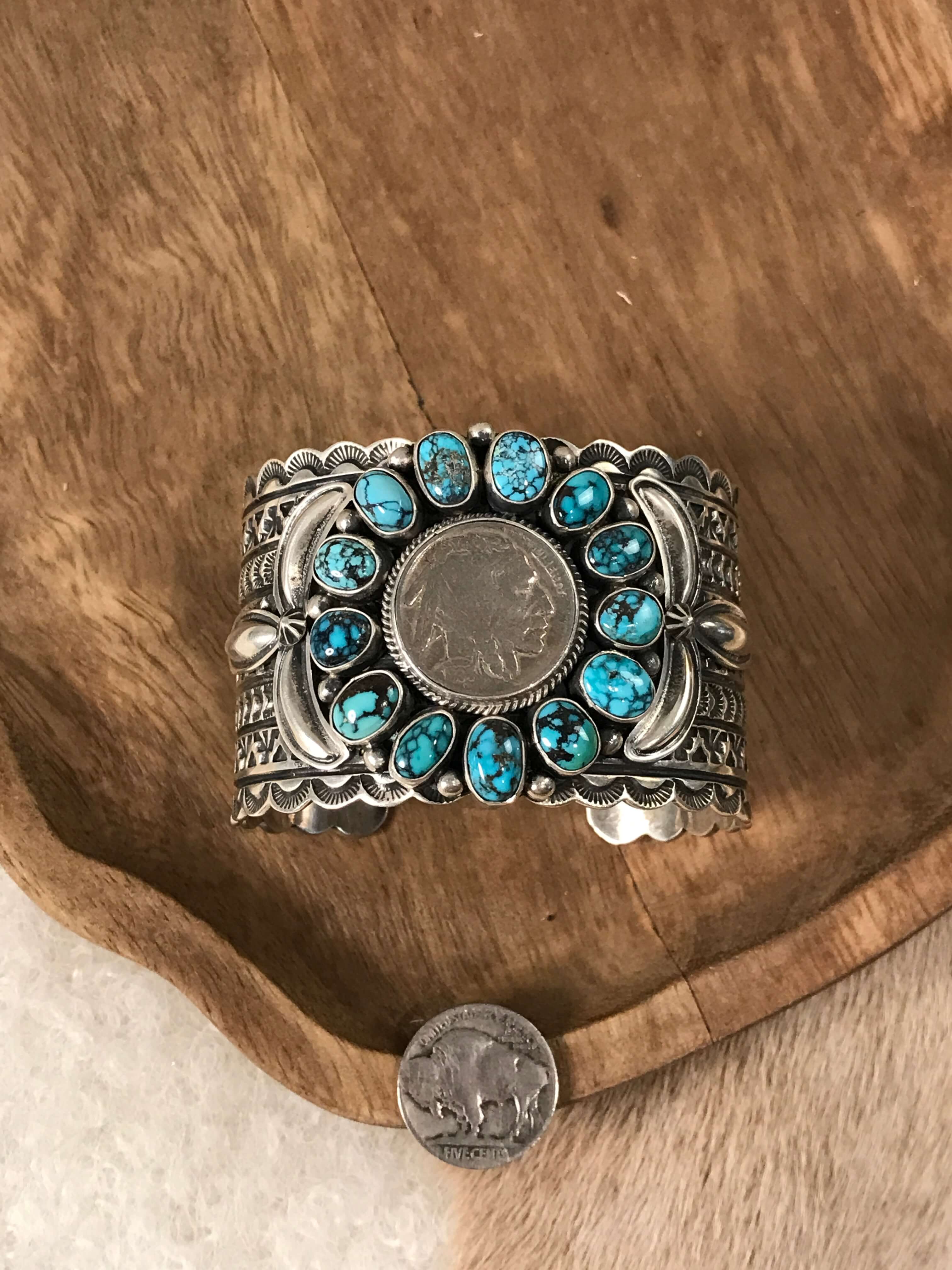 The Cave Creek Buffalo Nickel and Turquoise Cuff-Bracelets & Cuffs-Calli Co., Turquoise and Silver Jewelry, Native American Handmade, Zuni Tribe, Navajo Tribe, Brock Texas