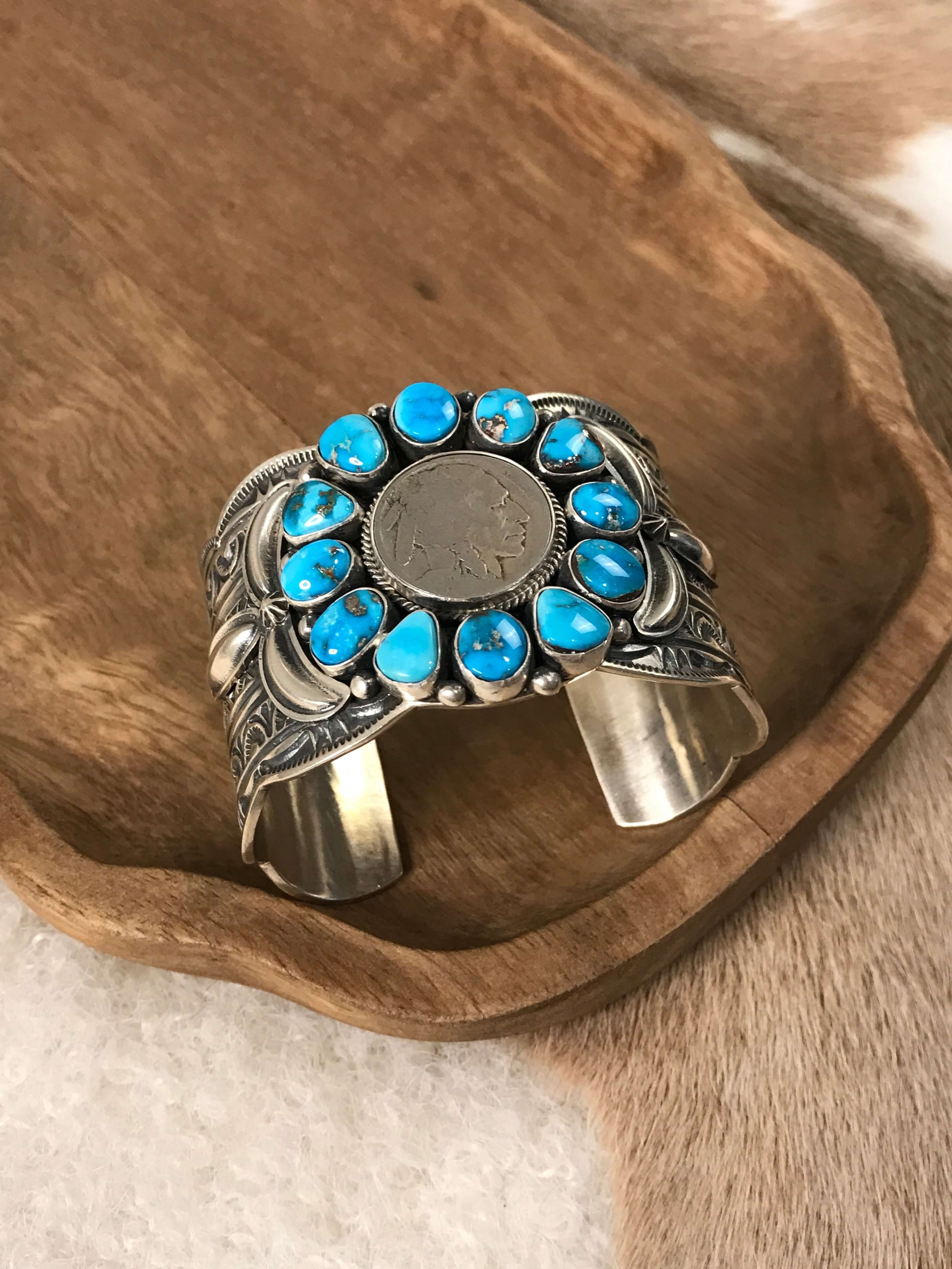 The Smith Rock Buffalo Nickel and Turquoise Cuff-Bracelets & Cuffs-Calli Co., Turquoise and Silver Jewelry, Native American Handmade, Zuni Tribe, Navajo Tribe, Brock Texas