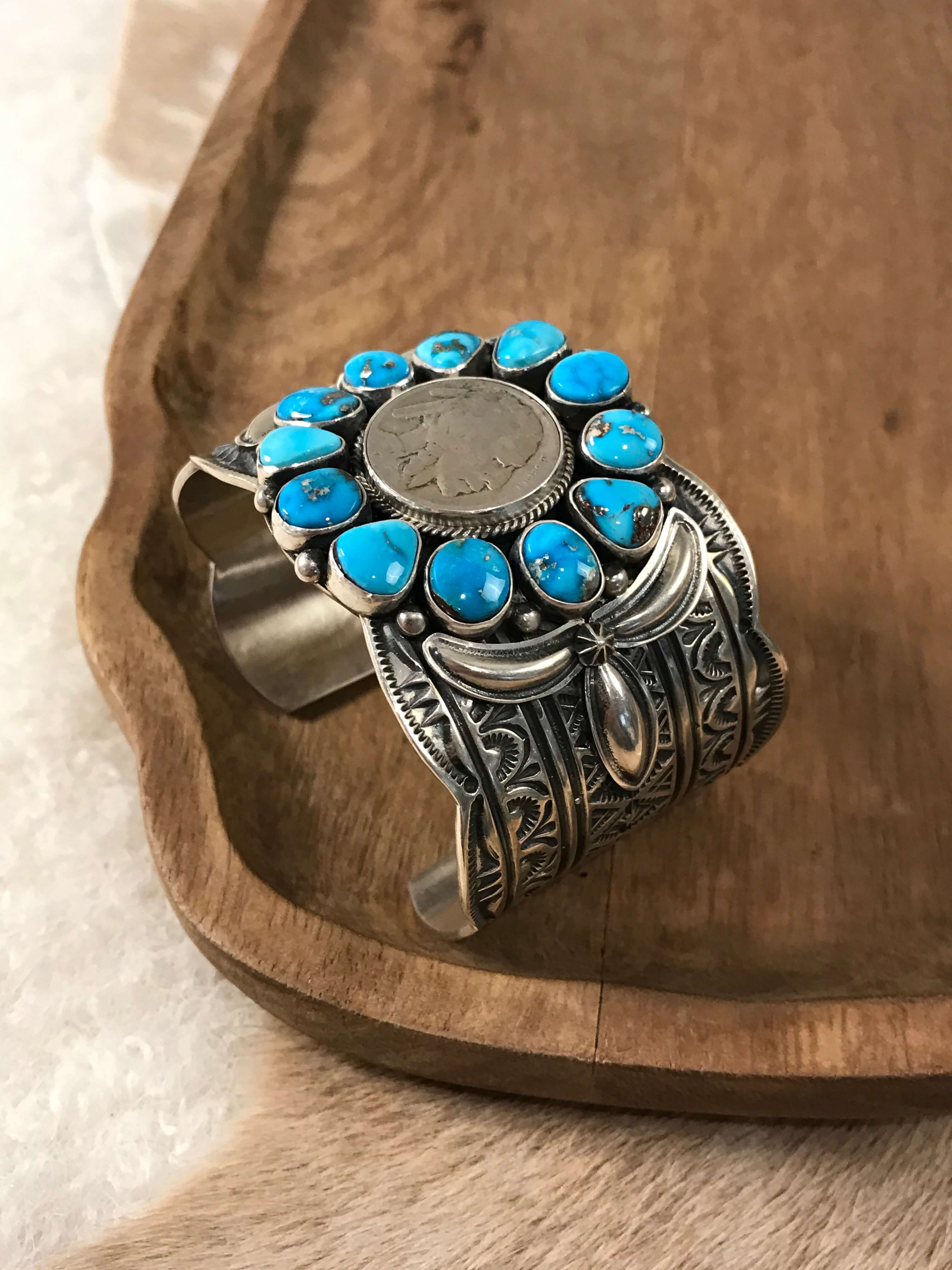 The Smith Rock Buffalo Nickel and Turquoise Cuff-Bracelets & Cuffs-Calli Co., Turquoise and Silver Jewelry, Native American Handmade, Zuni Tribe, Navajo Tribe, Brock Texas
