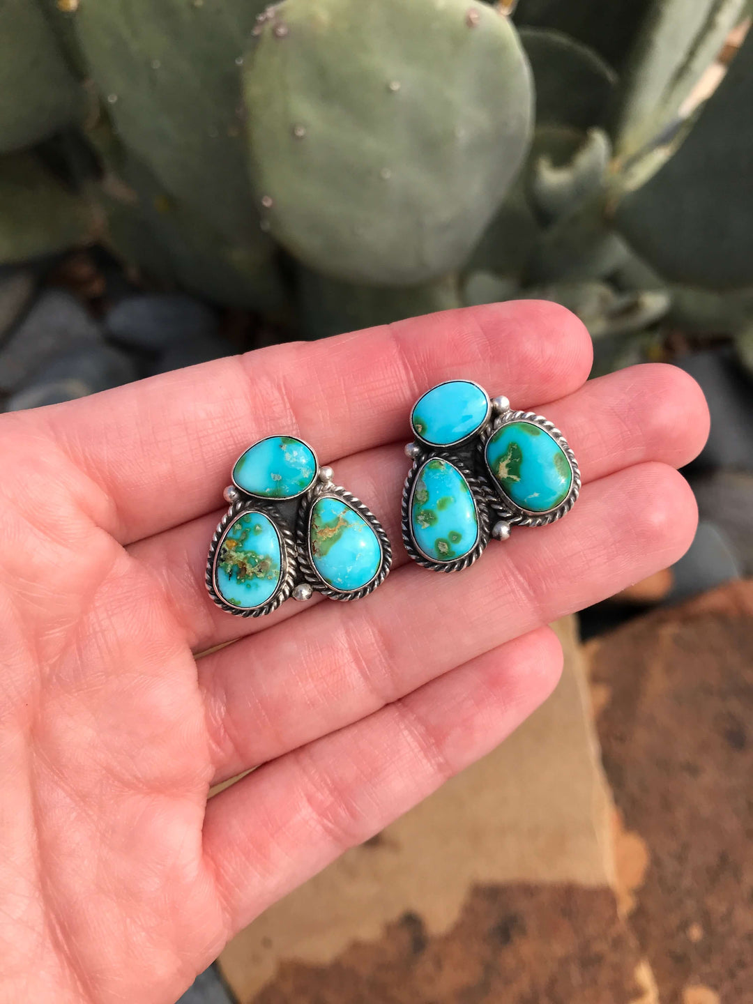 Front View. The Journey West Earrings, 8-Earrings-Calli Co., Turquoise and Silver Jewelry, Native American Handmade, Zuni Tribe, Navajo Tribe, Brock Texas