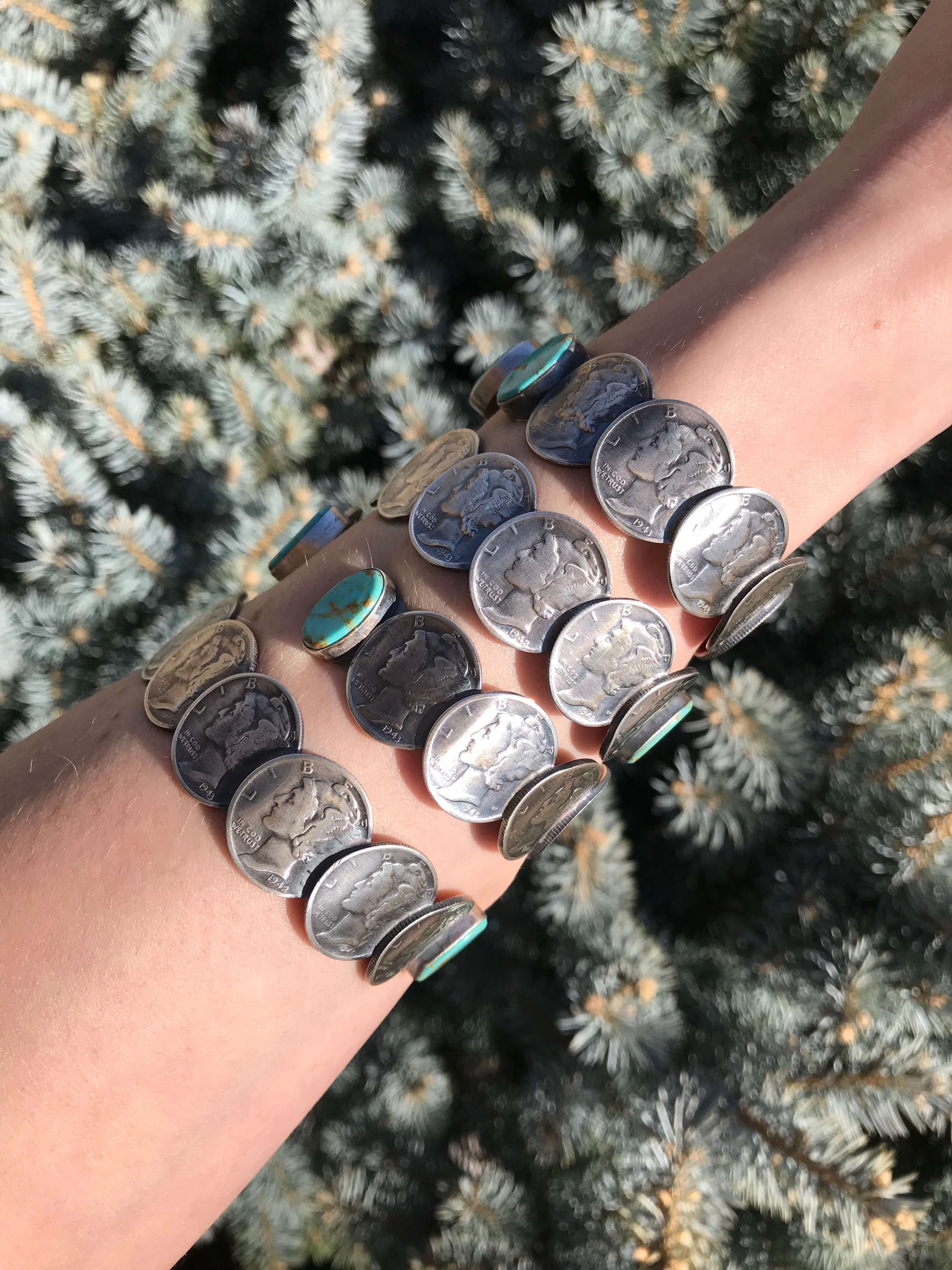The Green Wisteria Coin Cuffs-Bracelets & Cuffs-Calli Co., Turquoise and Silver Jewelry, Native American Handmade, Zuni Tribe, Navajo Tribe, Brock Texas