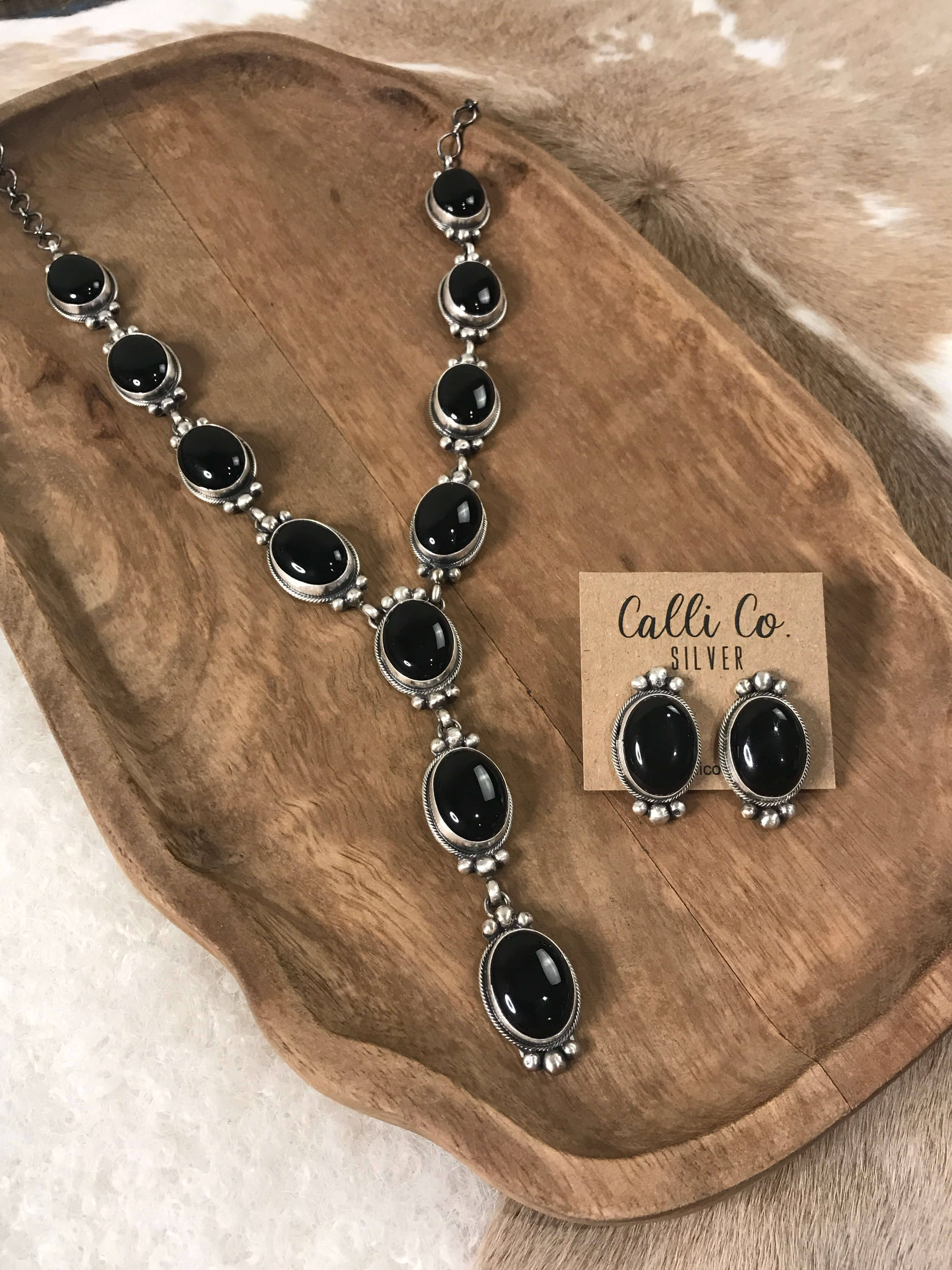 The Stafford Onyx Lariat Necklace Set xx-Necklaces-Calli Co., Turquoise and Silver Jewelry, Native American Handmade, Zuni Tribe, Navajo Tribe, Brock Texas