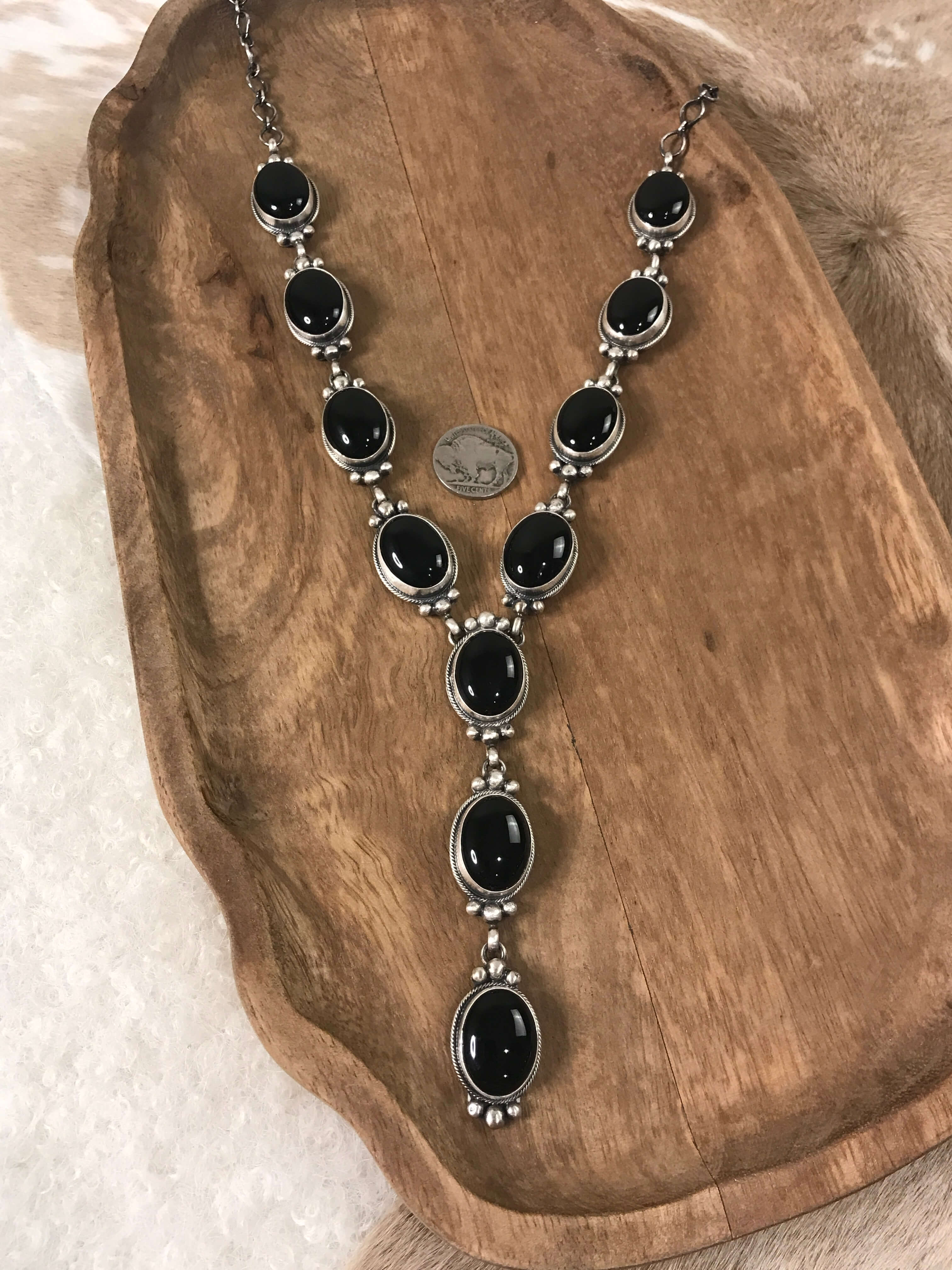 The Stafford Onyx Lariat Necklace Set xx-Necklaces-Calli Co., Turquoise and Silver Jewelry, Native American Handmade, Zuni Tribe, Navajo Tribe, Brock Texas