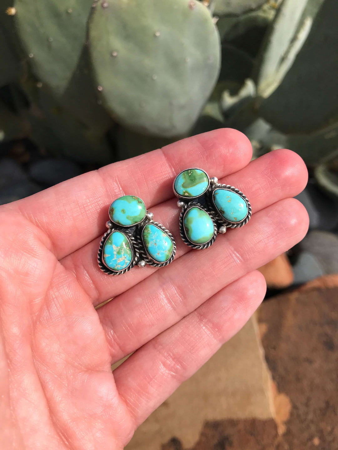 Front View. The Journey West Earrings, 10-Earrings-Calli Co., Turquoise and Silver Jewelry, Native American Handmade, Zuni Tribe, Navajo Tribe, Brock Texas