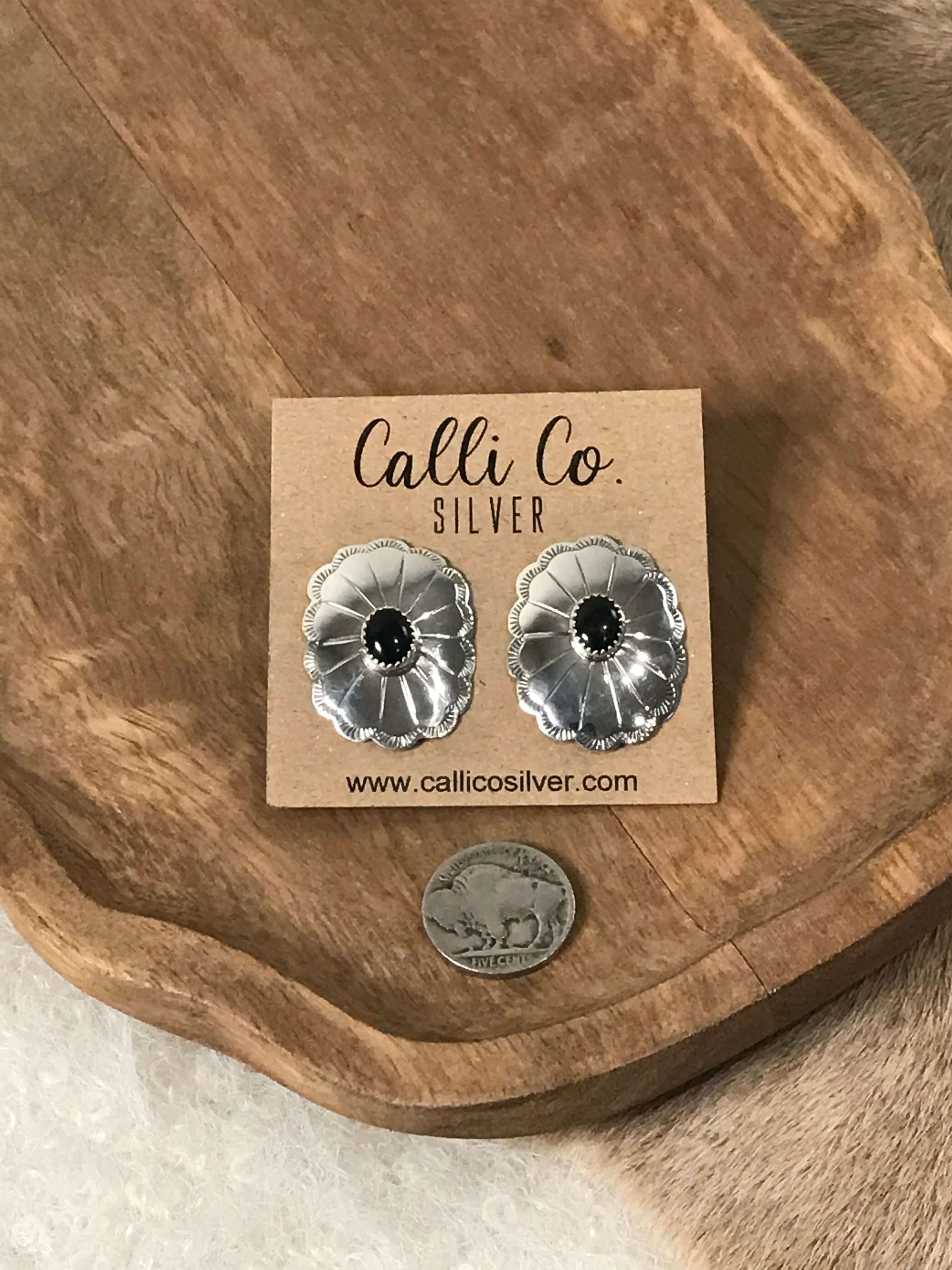 The Marietta Concho Earrings-Earrings-Calli Co., Turquoise and Silver Jewelry, Native American Handmade, Zuni Tribe, Navajo Tribe, Brock Texas