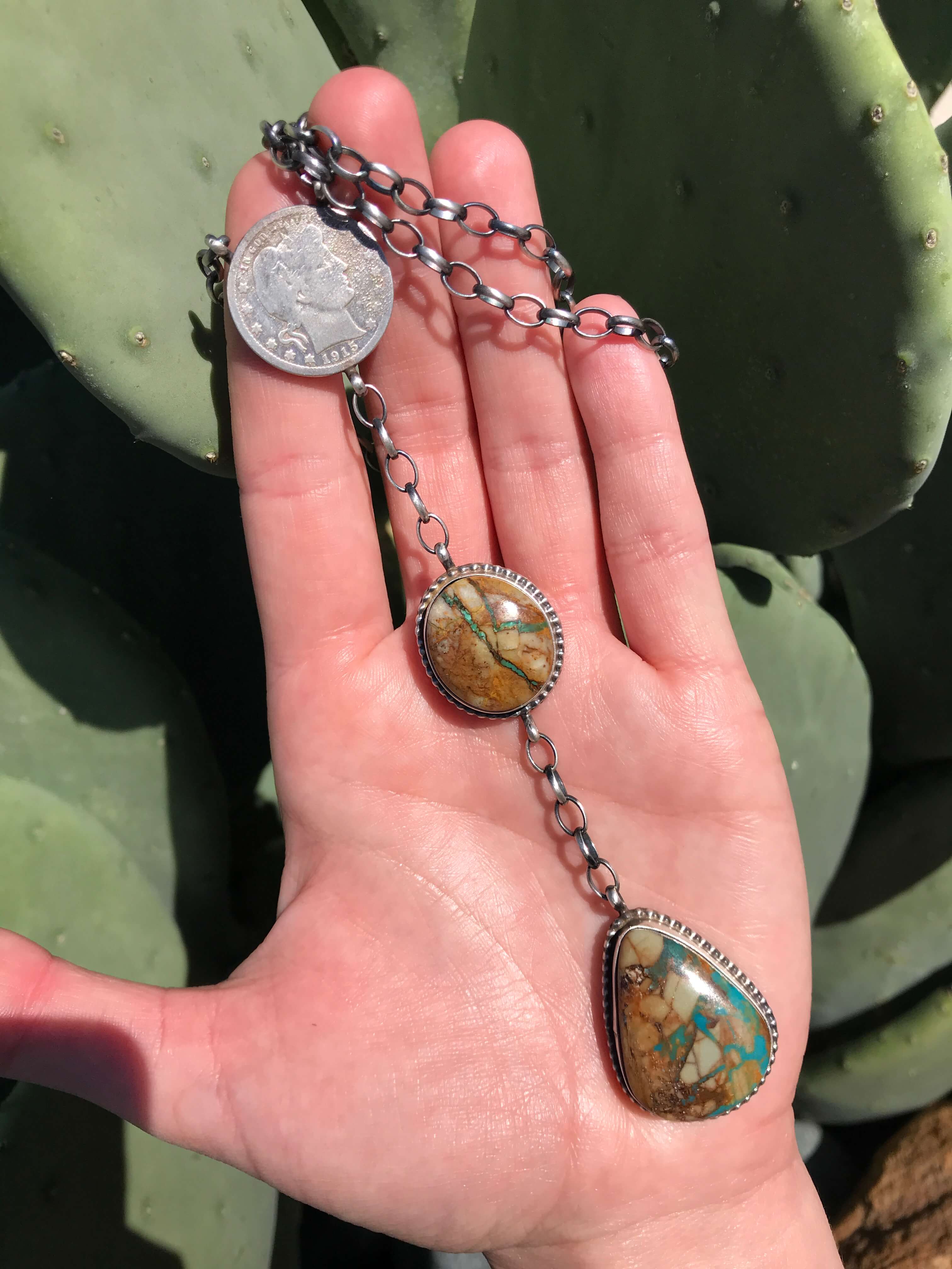 The Coin Turquoise Lariat Necklace, 4-Necklaces-Calli Co., Turquoise and Silver Jewelry, Native American Handmade, Zuni Tribe, Navajo Tribe, Brock Texas