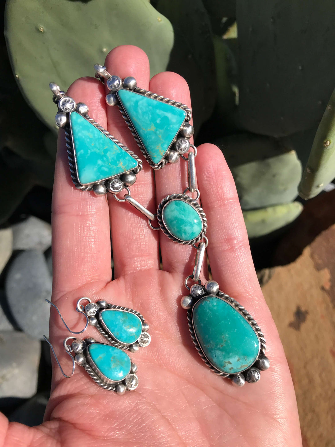 The Almayo Turquoise Lariat Necklace Set-Necklaces-Calli Co., Turquoise and Silver Jewelry, Native American Handmade, Zuni Tribe, Navajo Tribe, Brock Texas