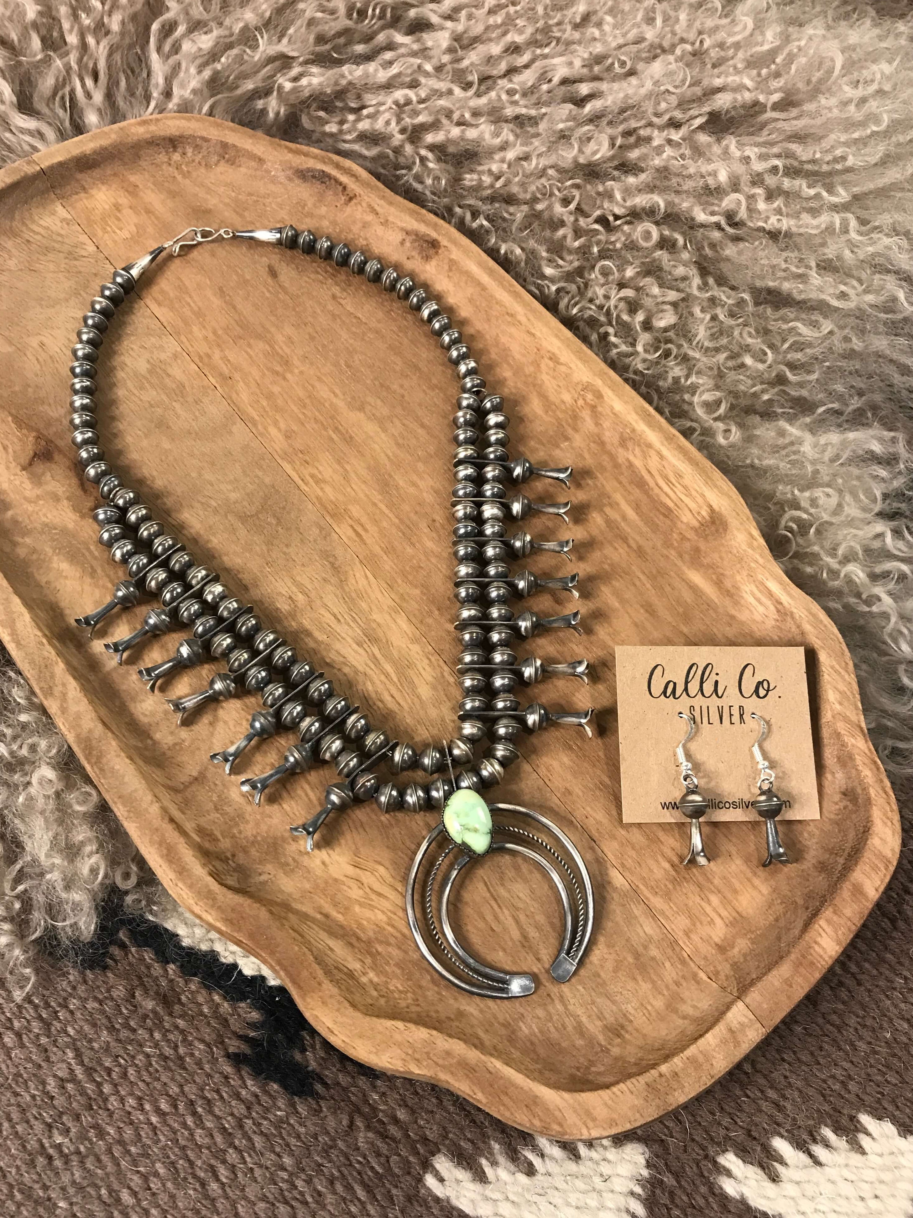 The Rani Squash Blossom Necklace Set-Necklaces-Calli Co., Turquoise and Silver Jewelry, Native American Handmade, Zuni Tribe, Navajo Tribe, Brock Texas