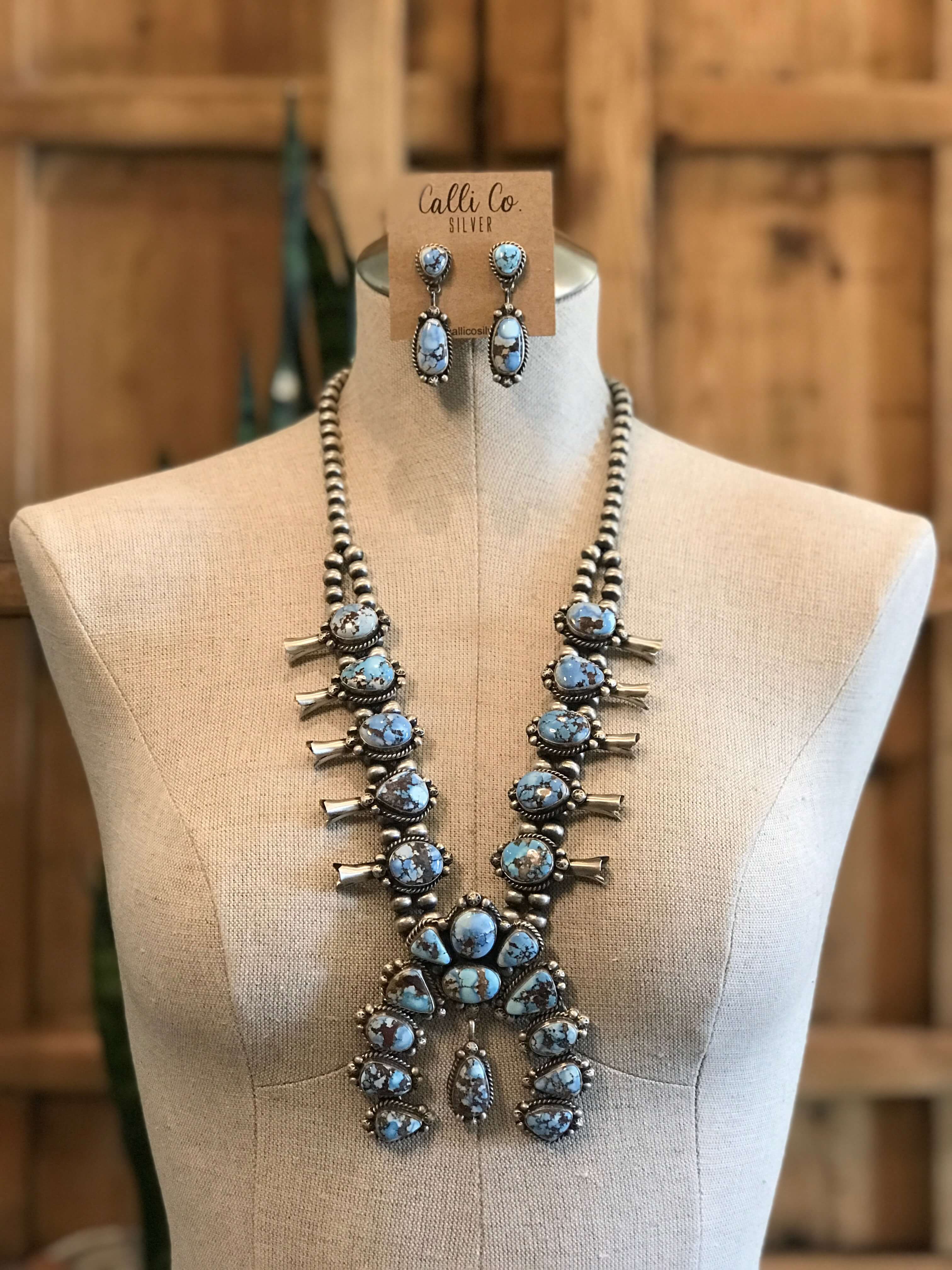 The Sunridge Squash Blossom Necklace Set-Necklaces-Calli Co., Turquoise and Silver Jewelry, Native American Handmade, Zuni Tribe, Navajo Tribe, Brock Texas