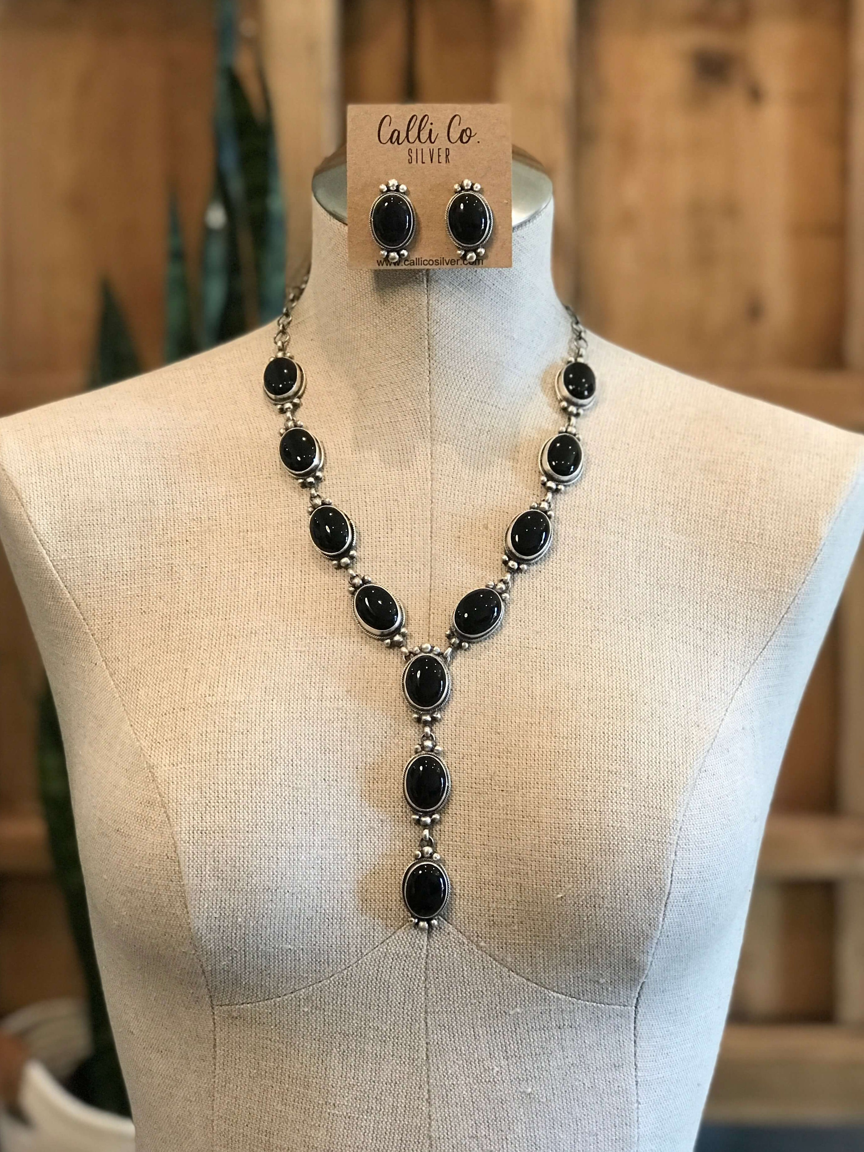 The Stafford Onyx Lariat Necklace Set xx-Necklaces-Calli Co., Turquoise and Silver Jewelry, Native American Handmade, Zuni Tribe, Navajo Tribe, Brock Texas
