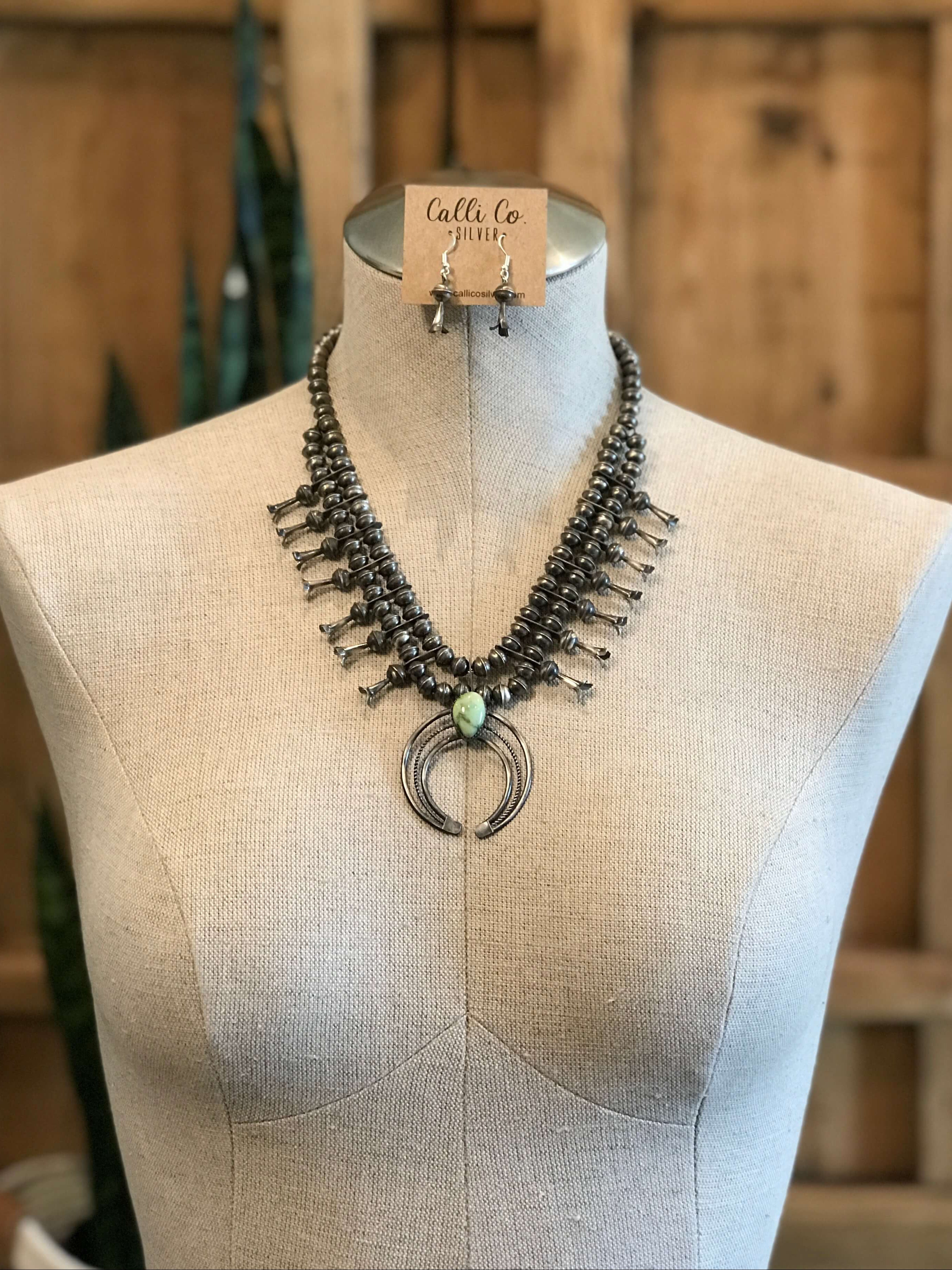 The Rani Squash Blossom Necklace Set-Necklaces-Calli Co., Turquoise and Silver Jewelry, Native American Handmade, Zuni Tribe, Navajo Tribe, Brock Texas