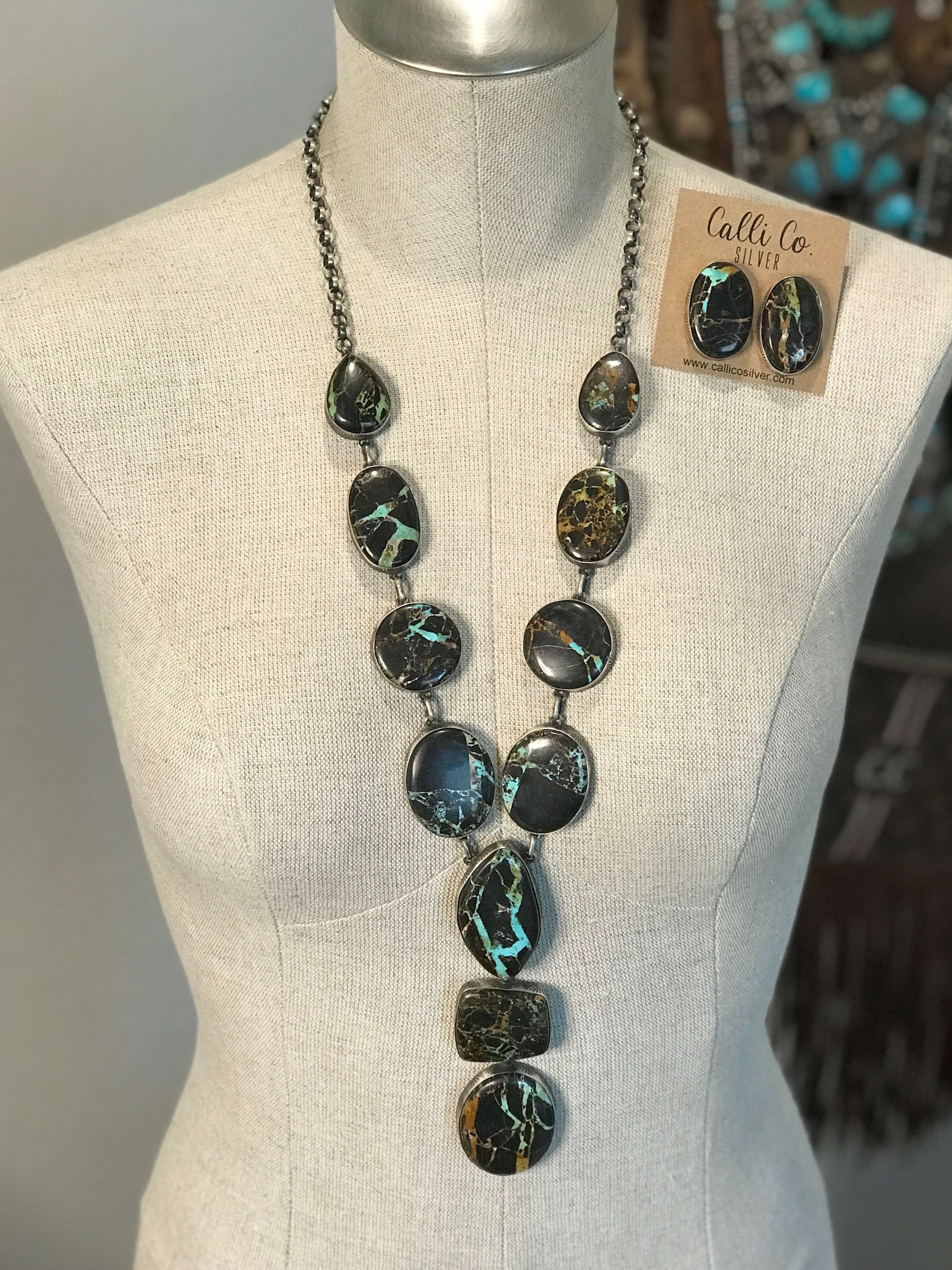 The Missoula Black Jack Lariat Necklace Set-Necklaces-Calli Co., Turquoise and Silver Jewelry, Native American Handmade, Zuni Tribe, Navajo Tribe, Brock Texas