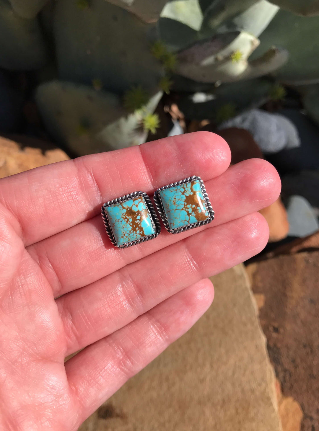 Front View. The Square Studs, 4-Earrings-Calli Co., Turquoise and Silver Jewelry, Native American Handmade, Zuni Tribe, Navajo Tribe, Brock Texas
