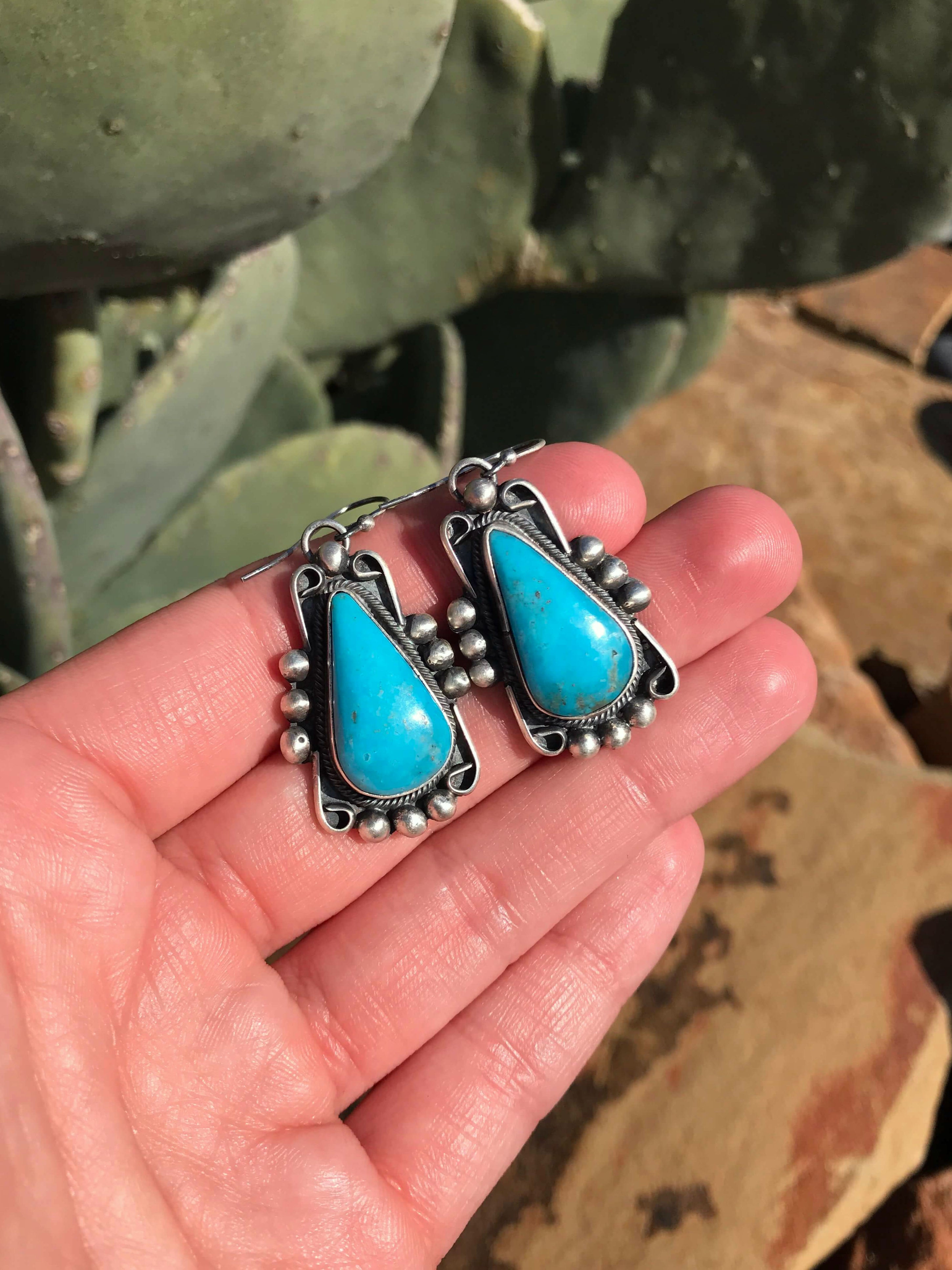 The Turquoise Dangle Earrings, 7-Earrings-Calli Co., Turquoise and Silver Jewelry, Native American Handmade, Zuni Tribe, Navajo Tribe, Brock Texas