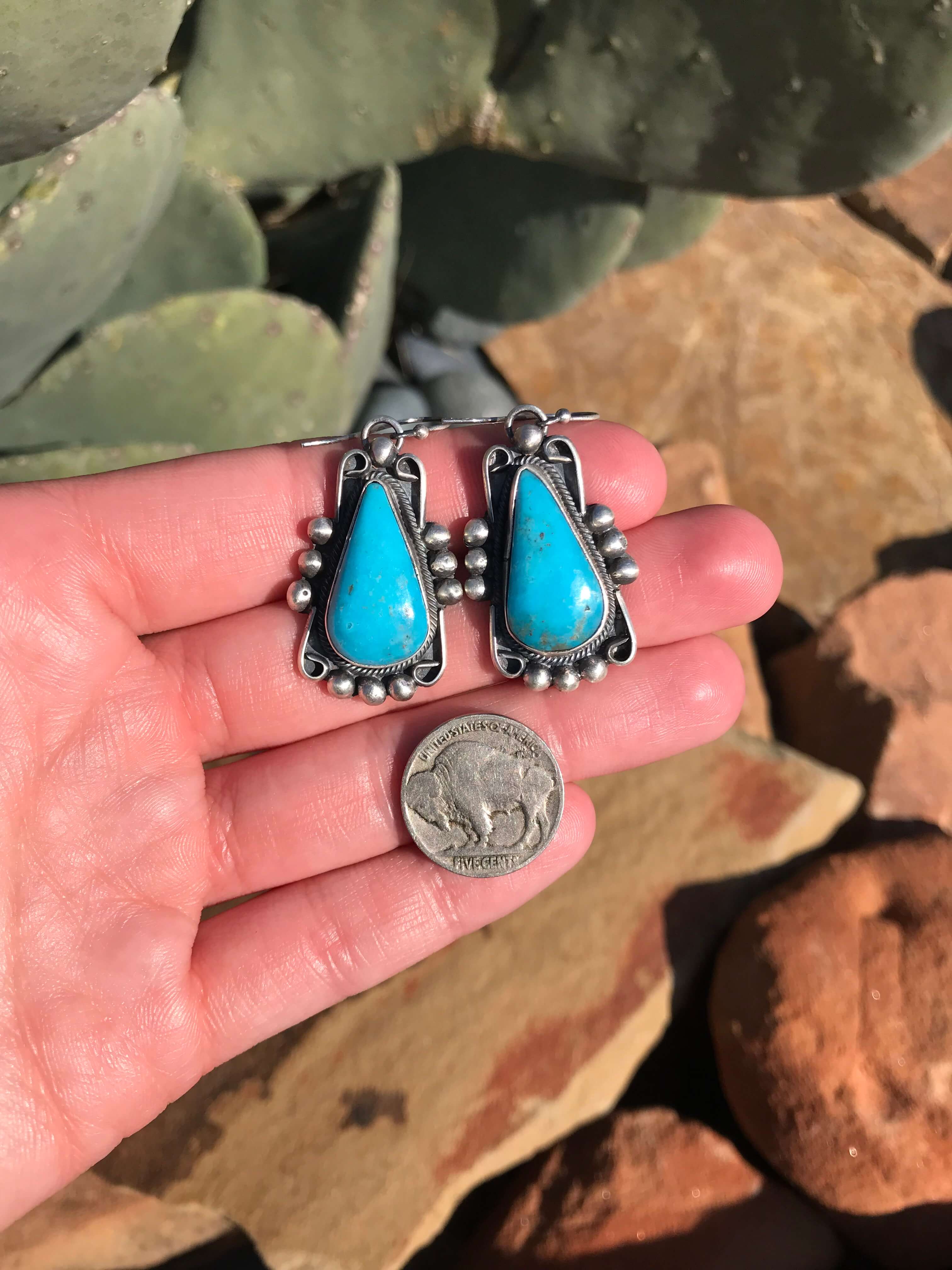 The Turquoise Dangle Earrings, 7-Earrings-Calli Co., Turquoise and Silver Jewelry, Native American Handmade, Zuni Tribe, Navajo Tribe, Brock Texas