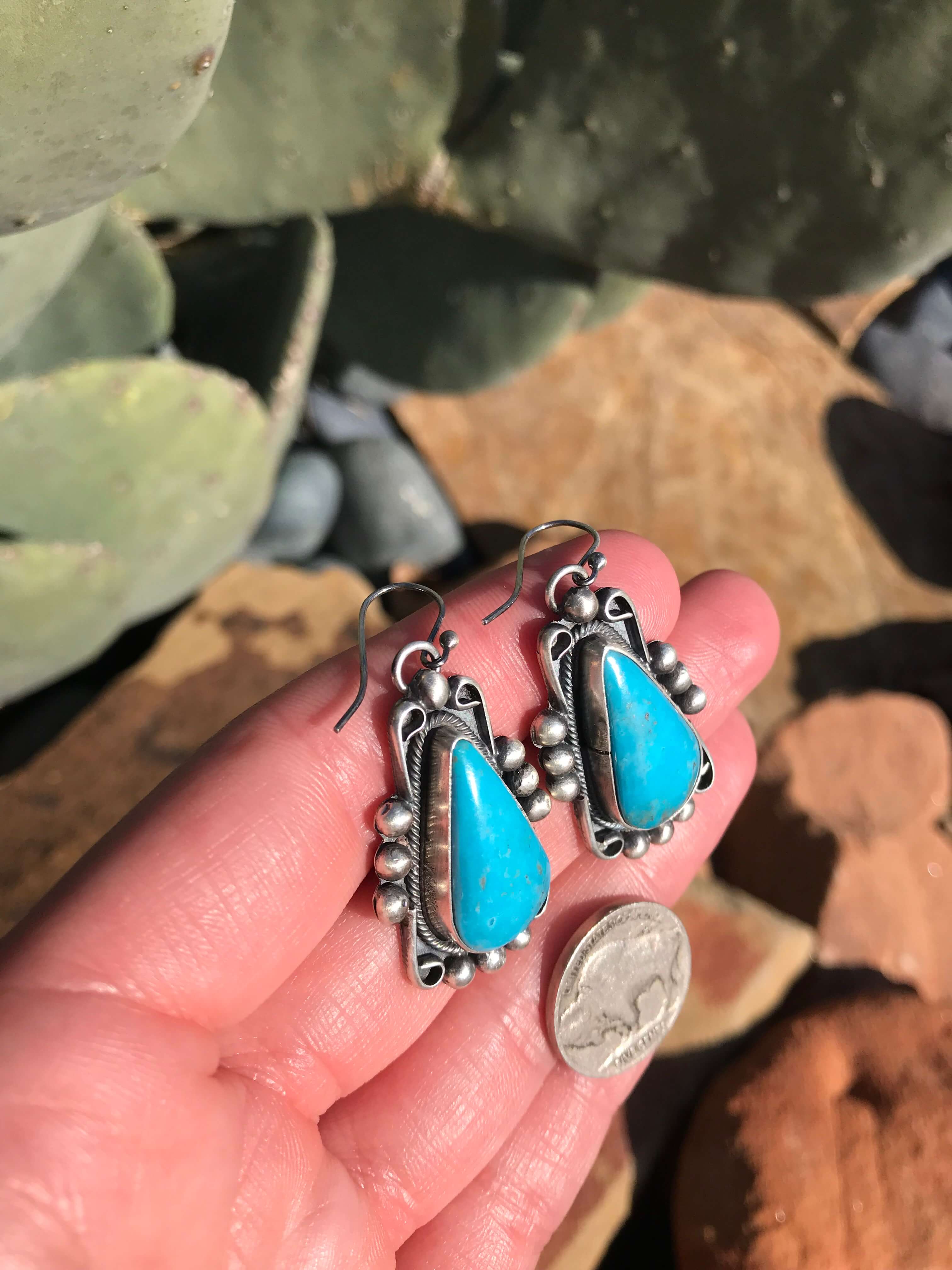 The Turquoise Dangle Earrings, 7-Earrings-Calli Co., Turquoise and Silver Jewelry, Native American Handmade, Zuni Tribe, Navajo Tribe, Brock Texas