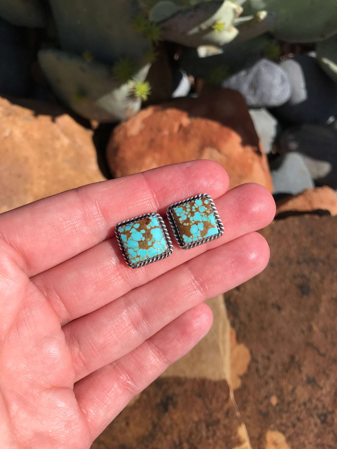 Front View. The Square Studs, 8-Earrings-Calli Co., Turquoise and Silver Jewelry, Native American Handmade, Zuni Tribe, Navajo Tribe, Brock Texas
