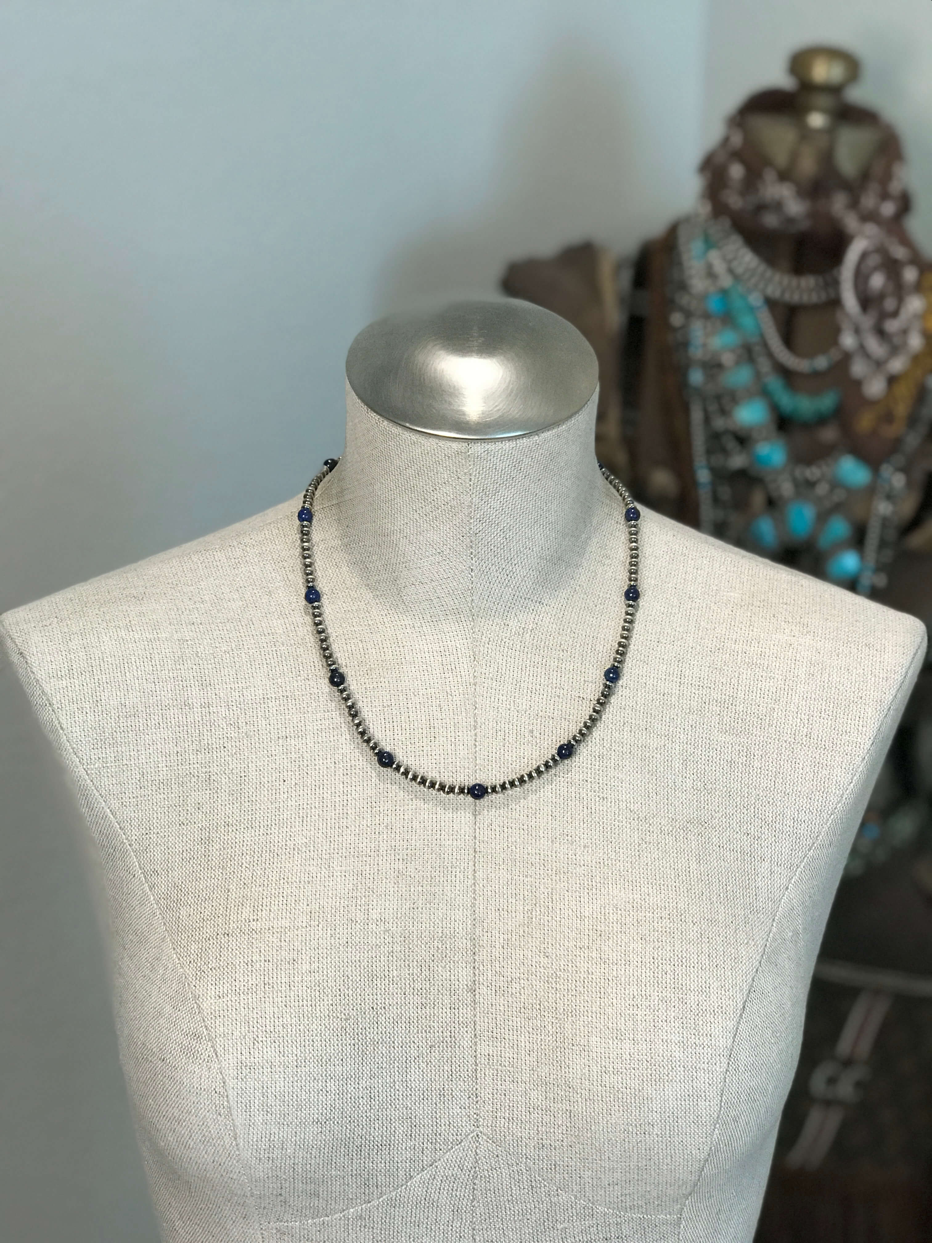 The Slade Necklace in Lapis, 19"-Necklaces-Calli Co., Turquoise and Silver Jewelry, Native American Handmade, Zuni Tribe, Navajo Tribe, Brock Texas