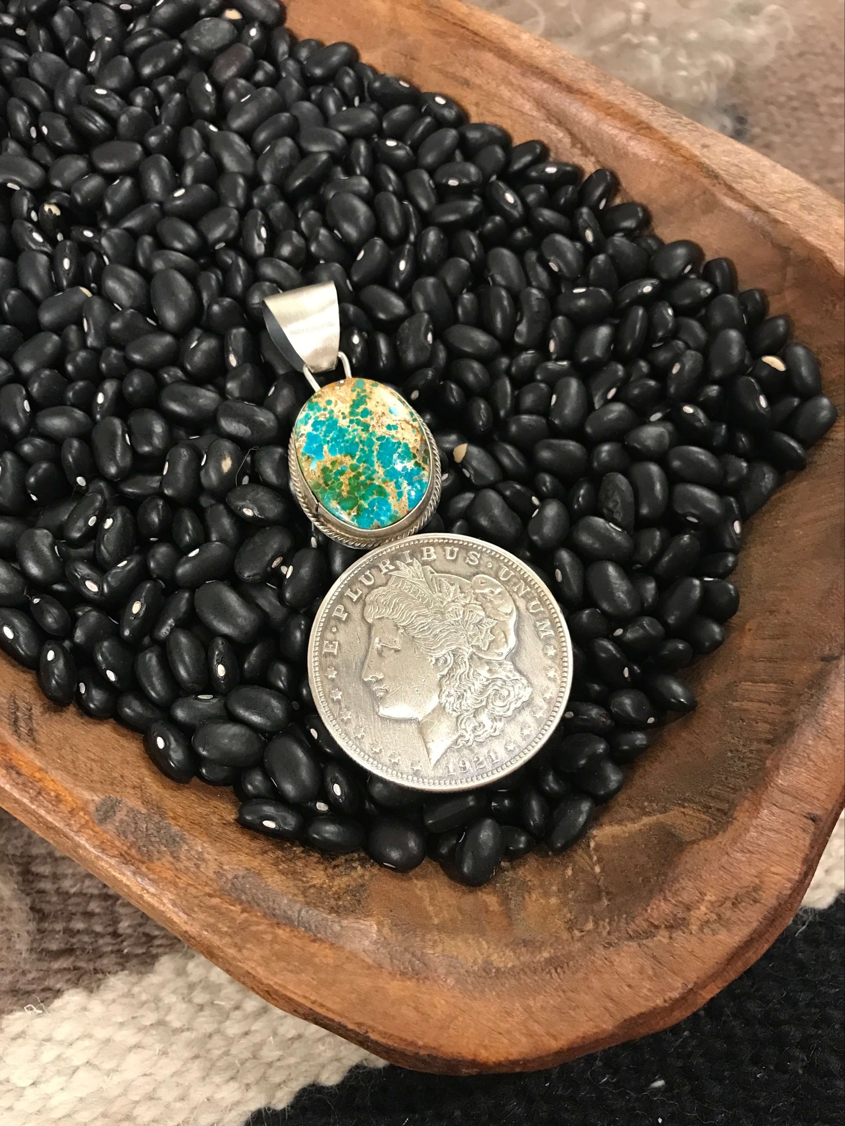 The Liberty Dollar Pendant, 2-Pendants-Calli Co., Turquoise and Silver Jewelry, Native American Handmade, Zuni Tribe, Navajo Tribe, Brock Texas