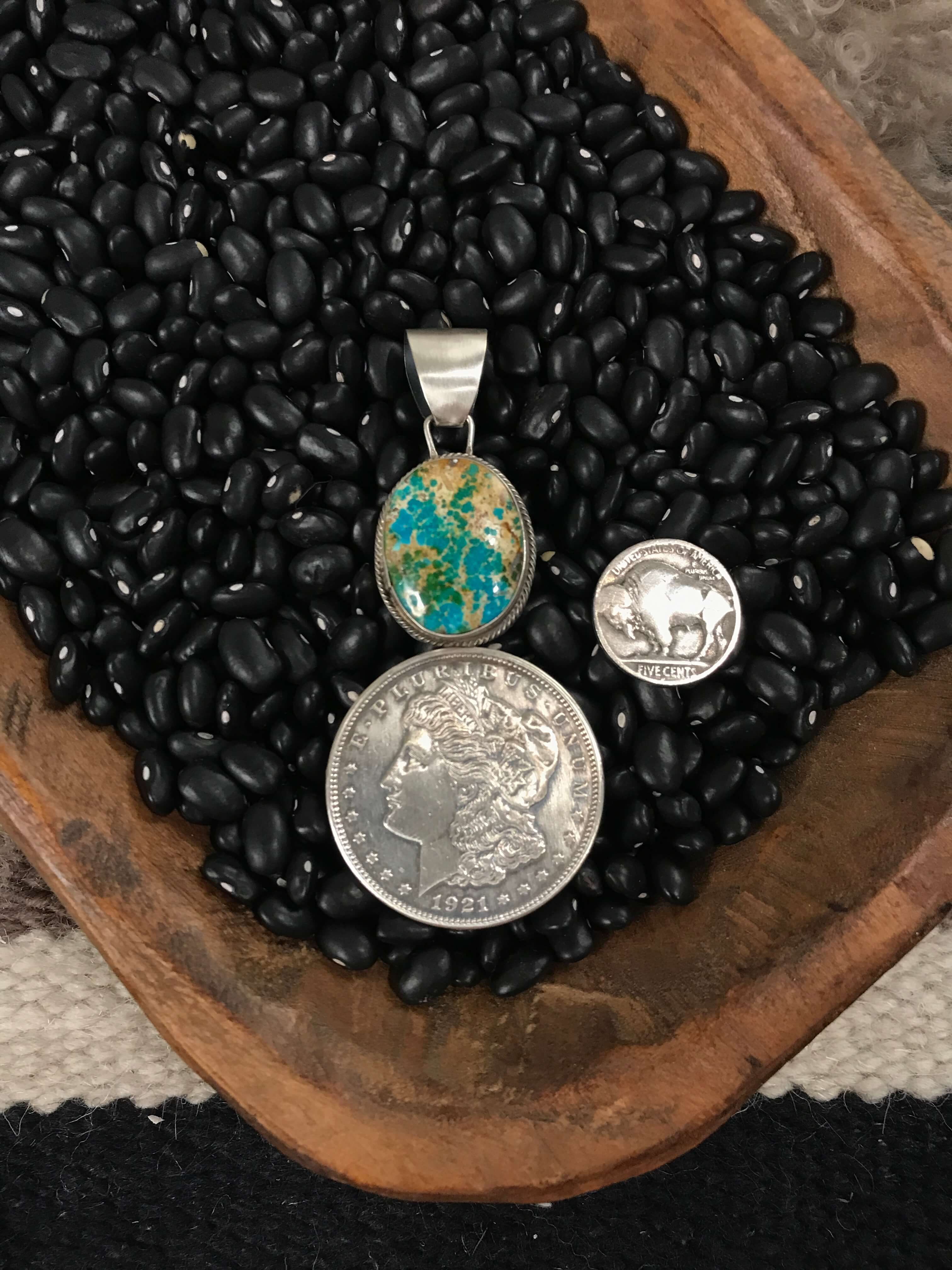The Liberty Dollar Pendant, 2-Pendants-Calli Co., Turquoise and Silver Jewelry, Native American Handmade, Zuni Tribe, Navajo Tribe, Brock Texas