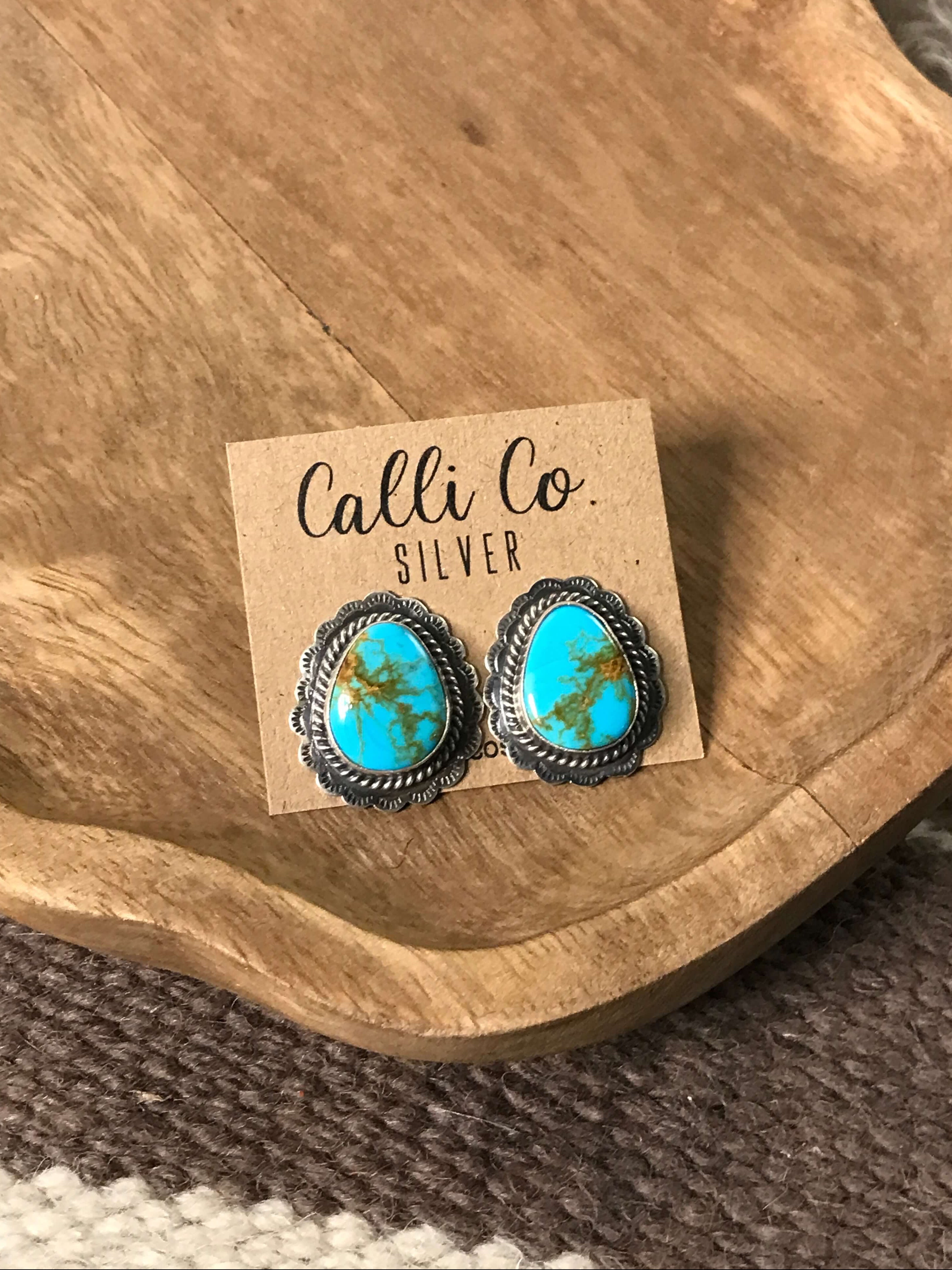 The Chattanooga Turquoise Studs, 1-Earrings-Calli Co., Turquoise and Silver Jewelry, Native American Handmade, Zuni Tribe, Navajo Tribe, Brock Texas