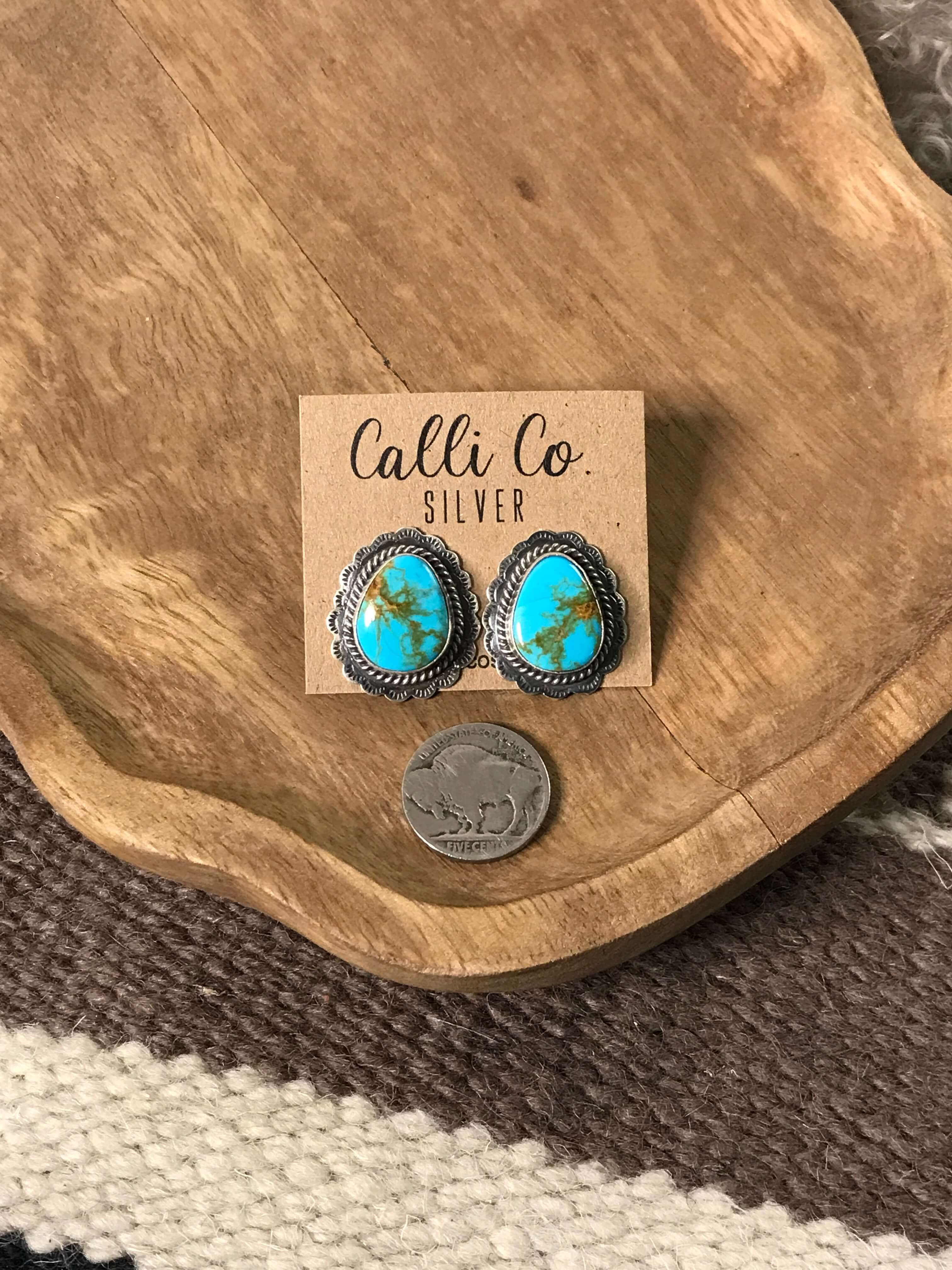 The Chattanooga Turquoise Studs, 1-Earrings-Calli Co., Turquoise and Silver Jewelry, Native American Handmade, Zuni Tribe, Navajo Tribe, Brock Texas