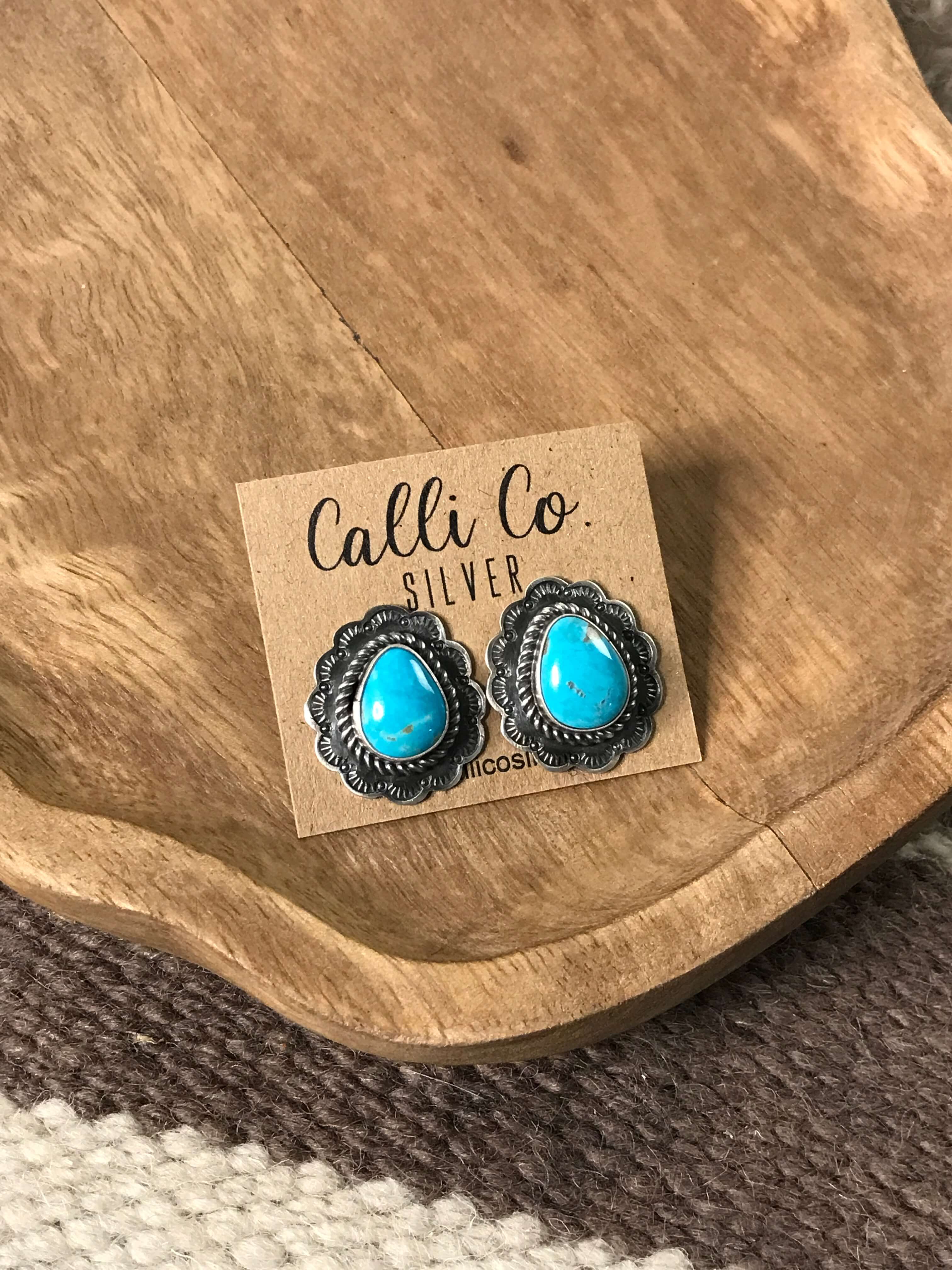 The Chattanooga Turquoise Studs, 3-Earrings-Calli Co., Turquoise and Silver Jewelry, Native American Handmade, Zuni Tribe, Navajo Tribe, Brock Texas