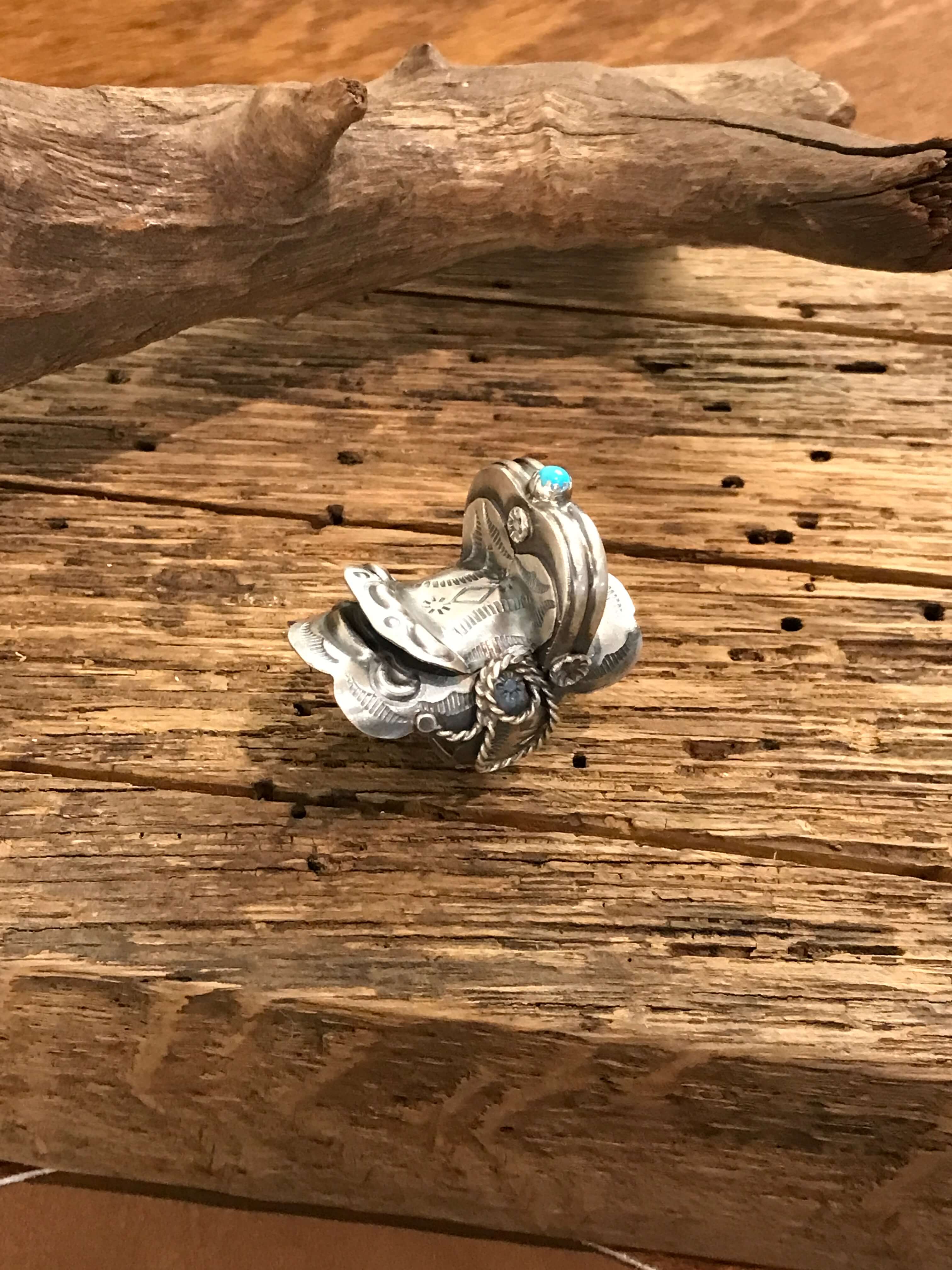 The Takoda Saddle Turquoise Ring 3, Sz 8.5-Rings-Calli Co., Turquoise and Silver Jewelry, Native American Handmade, Zuni Tribe, Navajo Tribe, Brock Texas