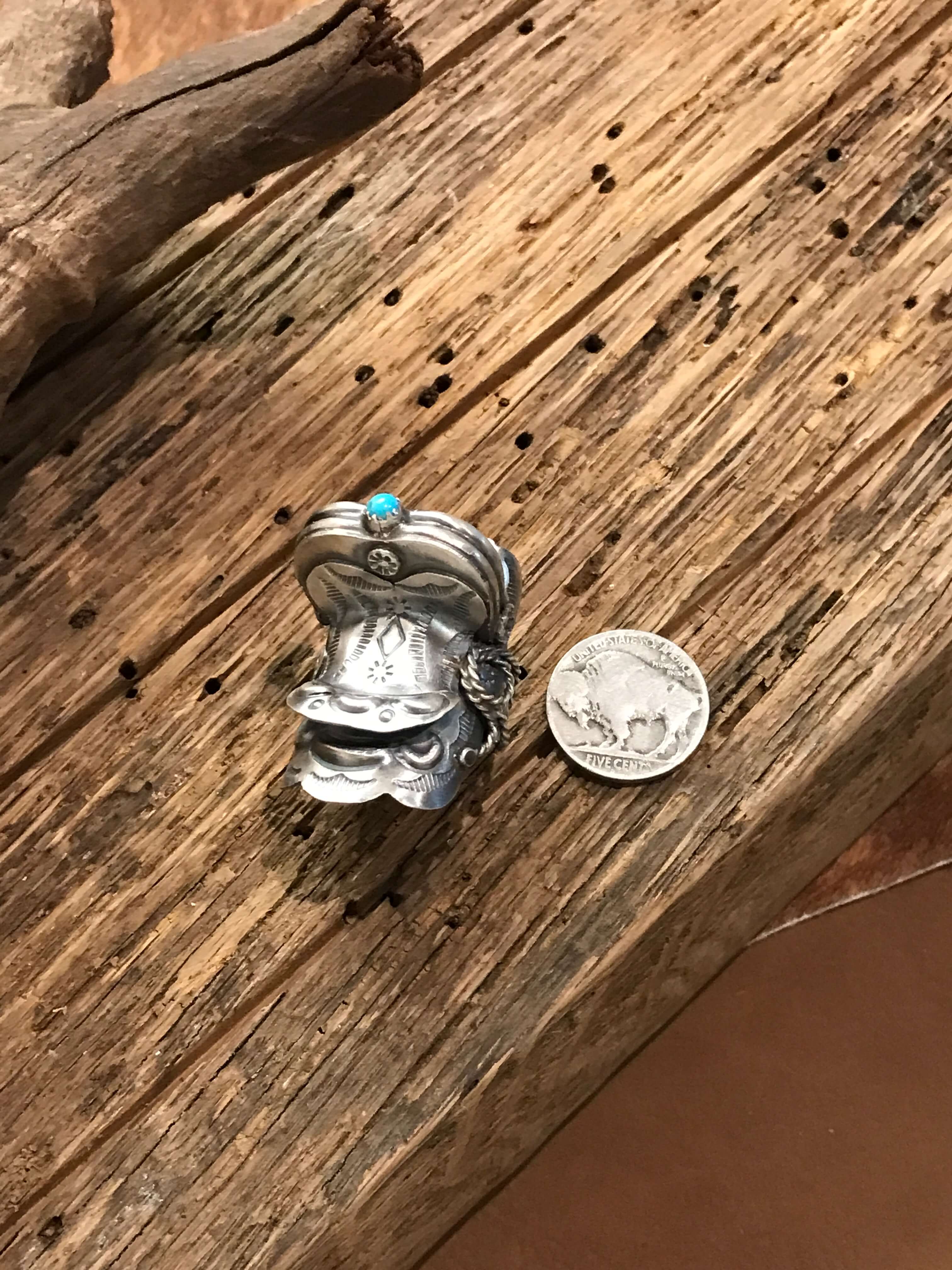 The Takoda Saddle Turquoise Ring 3, Sz 8.5-Rings-Calli Co., Turquoise and Silver Jewelry, Native American Handmade, Zuni Tribe, Navajo Tribe, Brock Texas