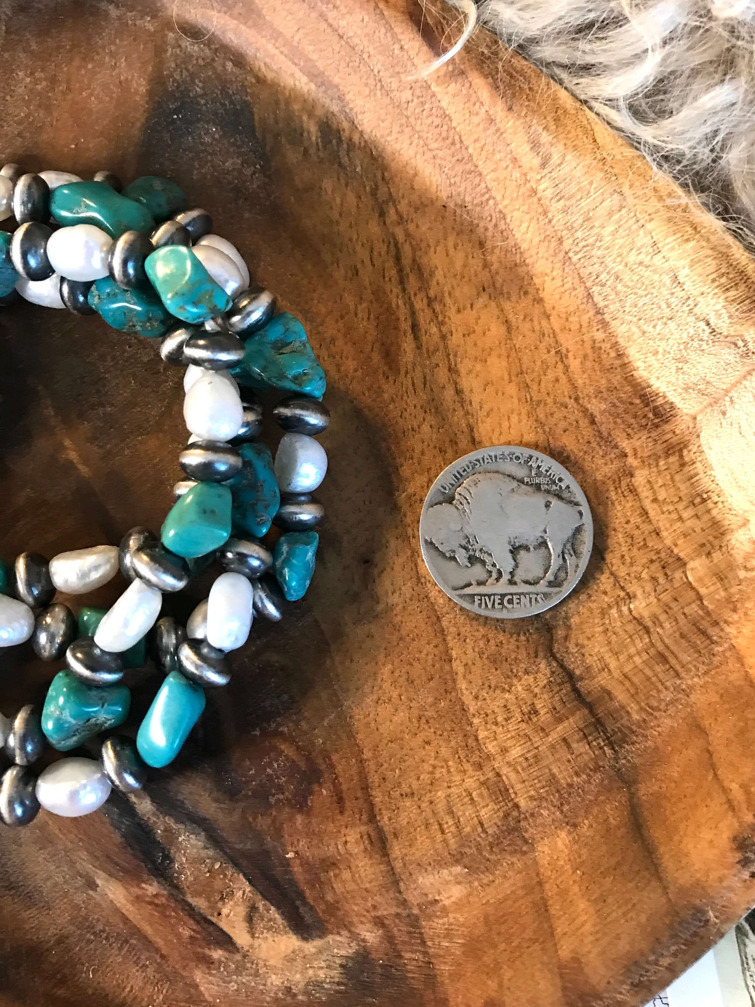 The Pearl and Nugget Stretch Bracelet-Bracelets & Cuffs-Calli Co., Turquoise and Silver Jewelry, Native American Handmade, Zuni Tribe, Navajo Tribe, Brock Texas