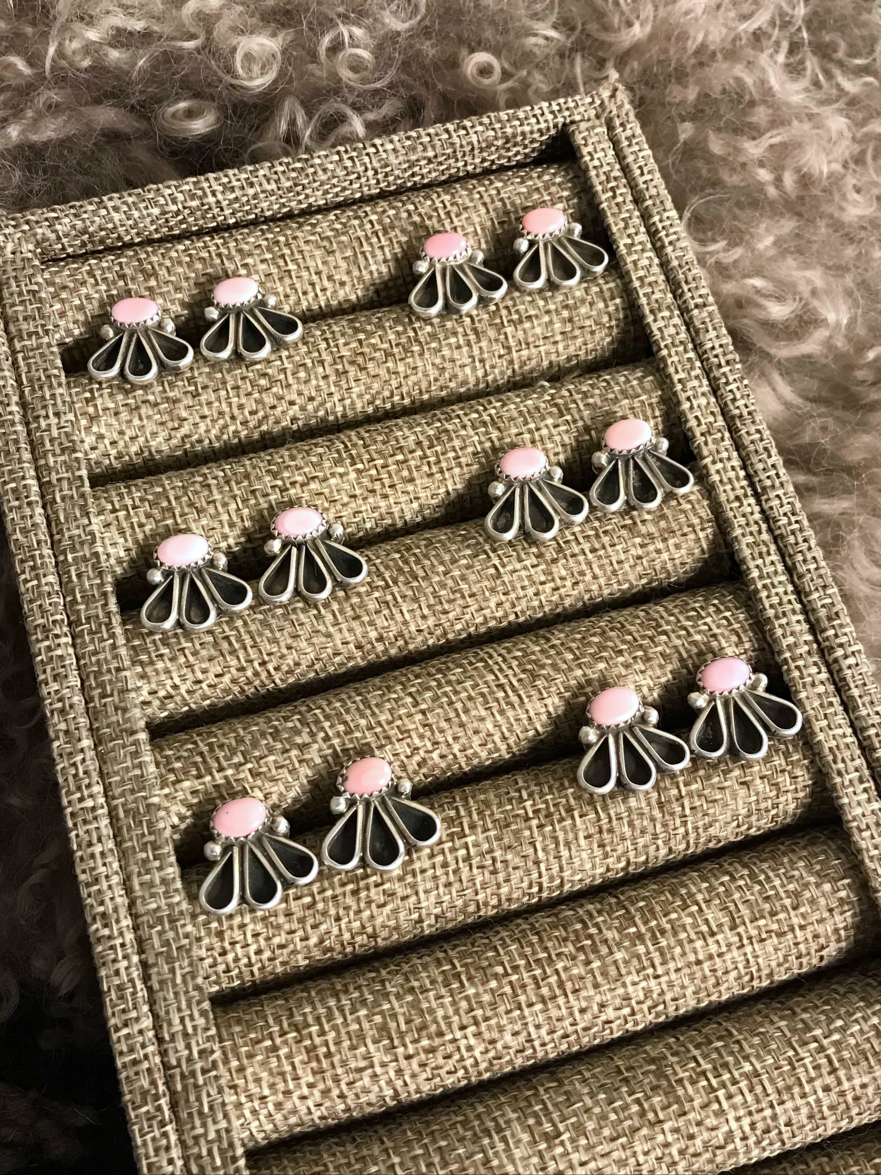 The Mira Pink Conch Earrings-Earrings-Calli Co., Turquoise and Silver Jewelry, Native American Handmade, Zuni Tribe, Navajo Tribe, Brock Texas