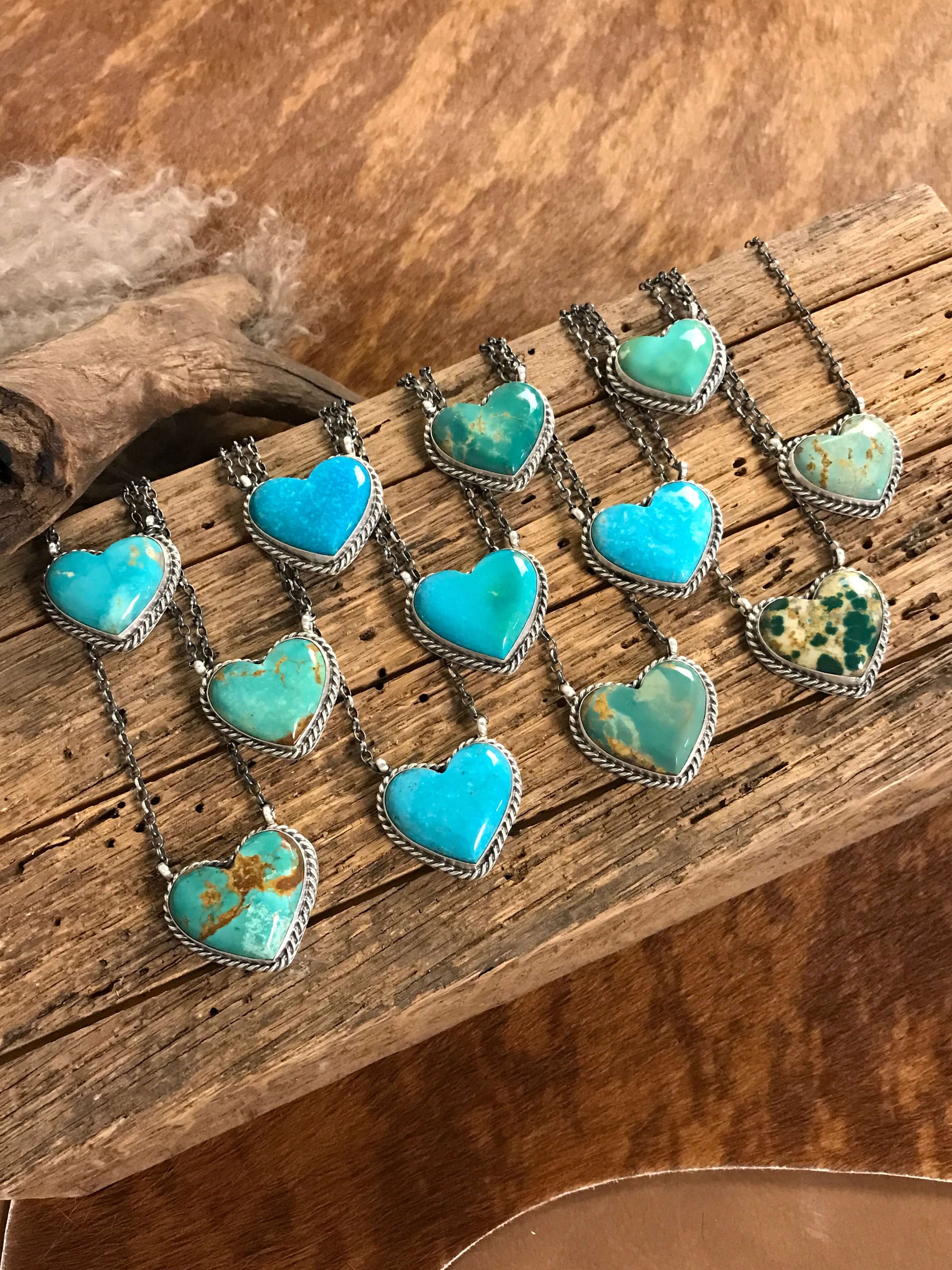 The Turquoise Heart Necklaces-Necklaces-Calli Co., Turquoise and Silver Jewelry, Native American Handmade, Zuni Tribe, Navajo Tribe, Brock Texas