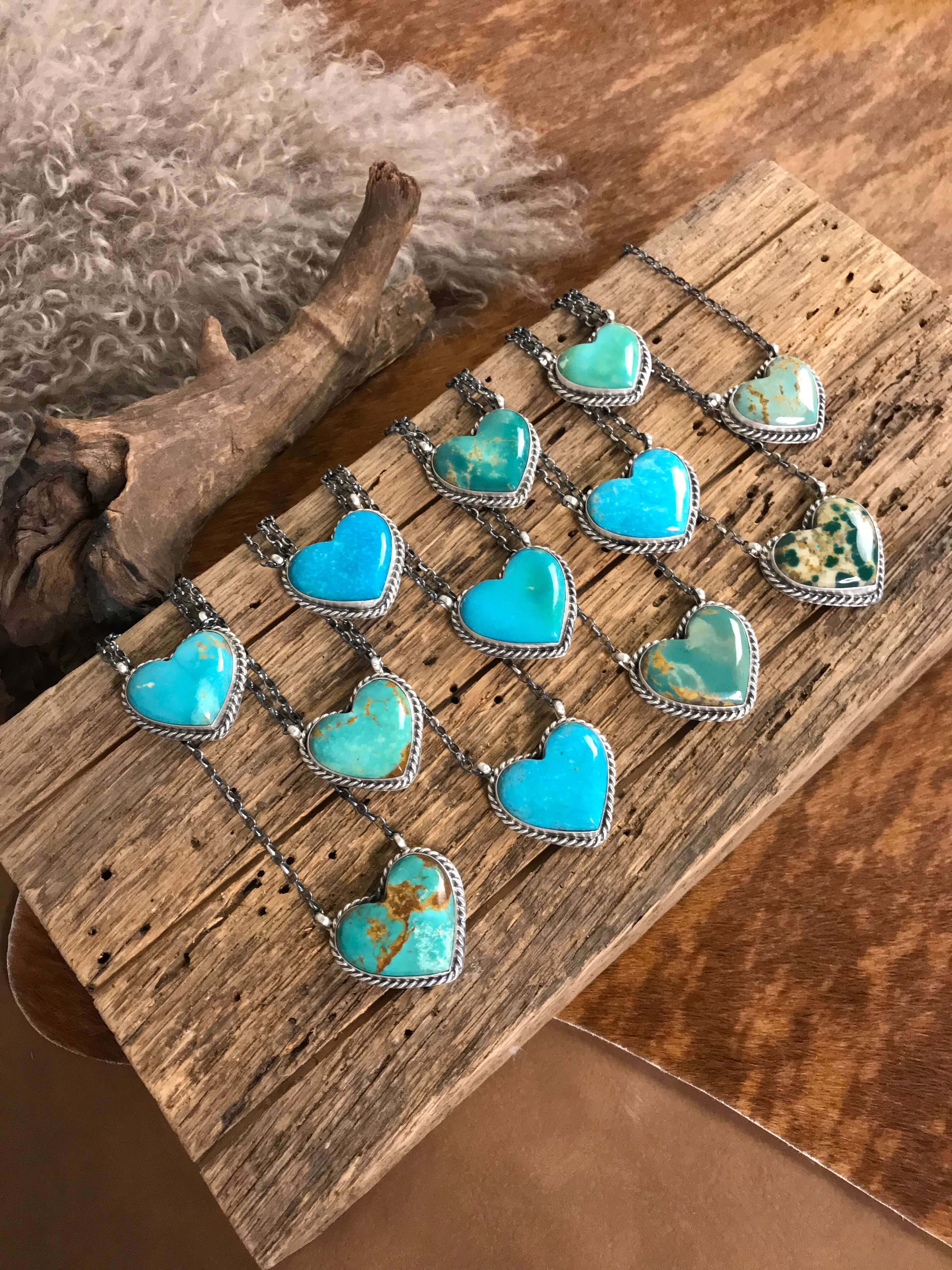 The Turquoise Heart Necklaces-Necklaces-Calli Co., Turquoise and Silver Jewelry, Native American Handmade, Zuni Tribe, Navajo Tribe, Brock Texas