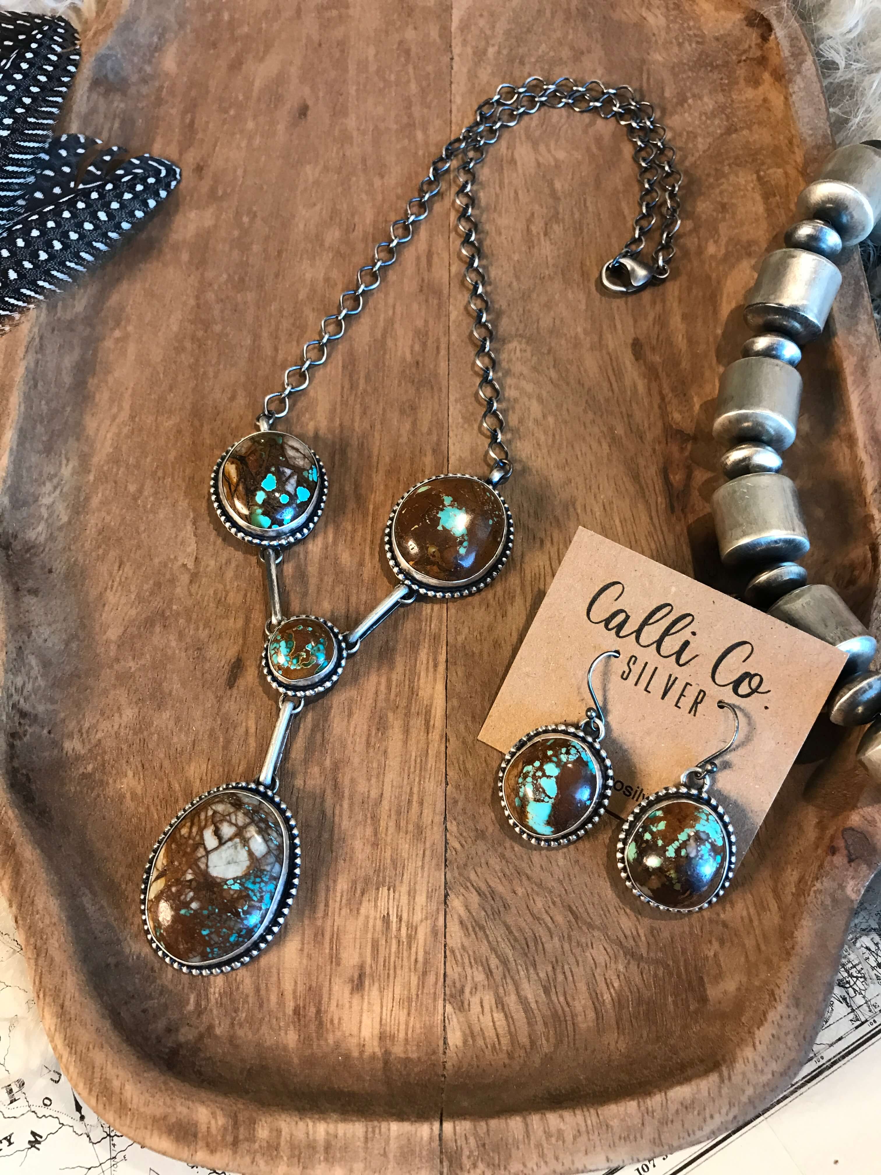 The Cross Lariat Necklace Set-Necklaces-Calli Co., Turquoise and Silver Jewelry, Native American Handmade, Zuni Tribe, Navajo Tribe, Brock Texas