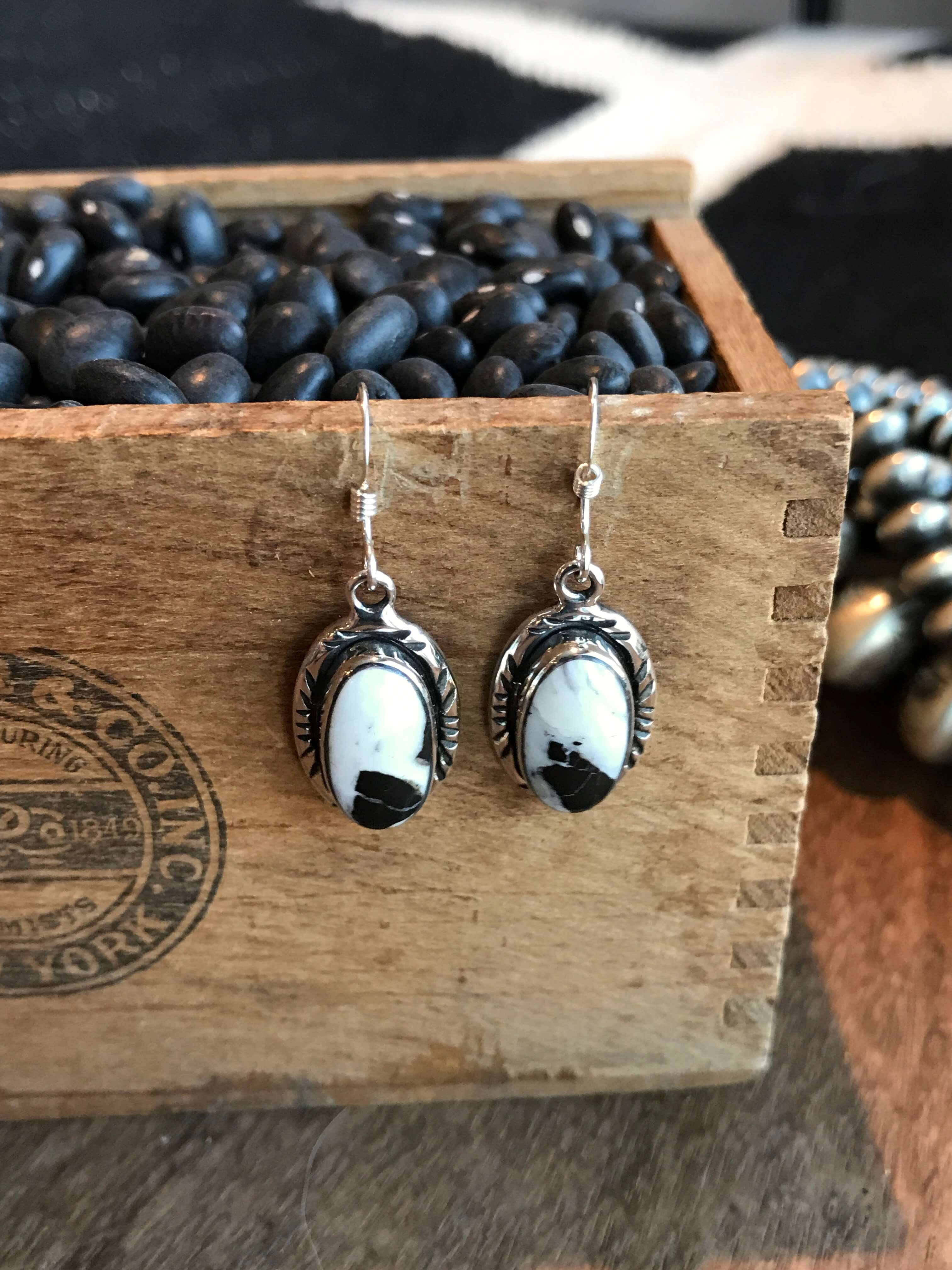 The White Buffalo Dangles, 17-Earrings-Calli Co., Turquoise and Silver Jewelry, Native American Handmade, Zuni Tribe, Navajo Tribe, Brock Texas