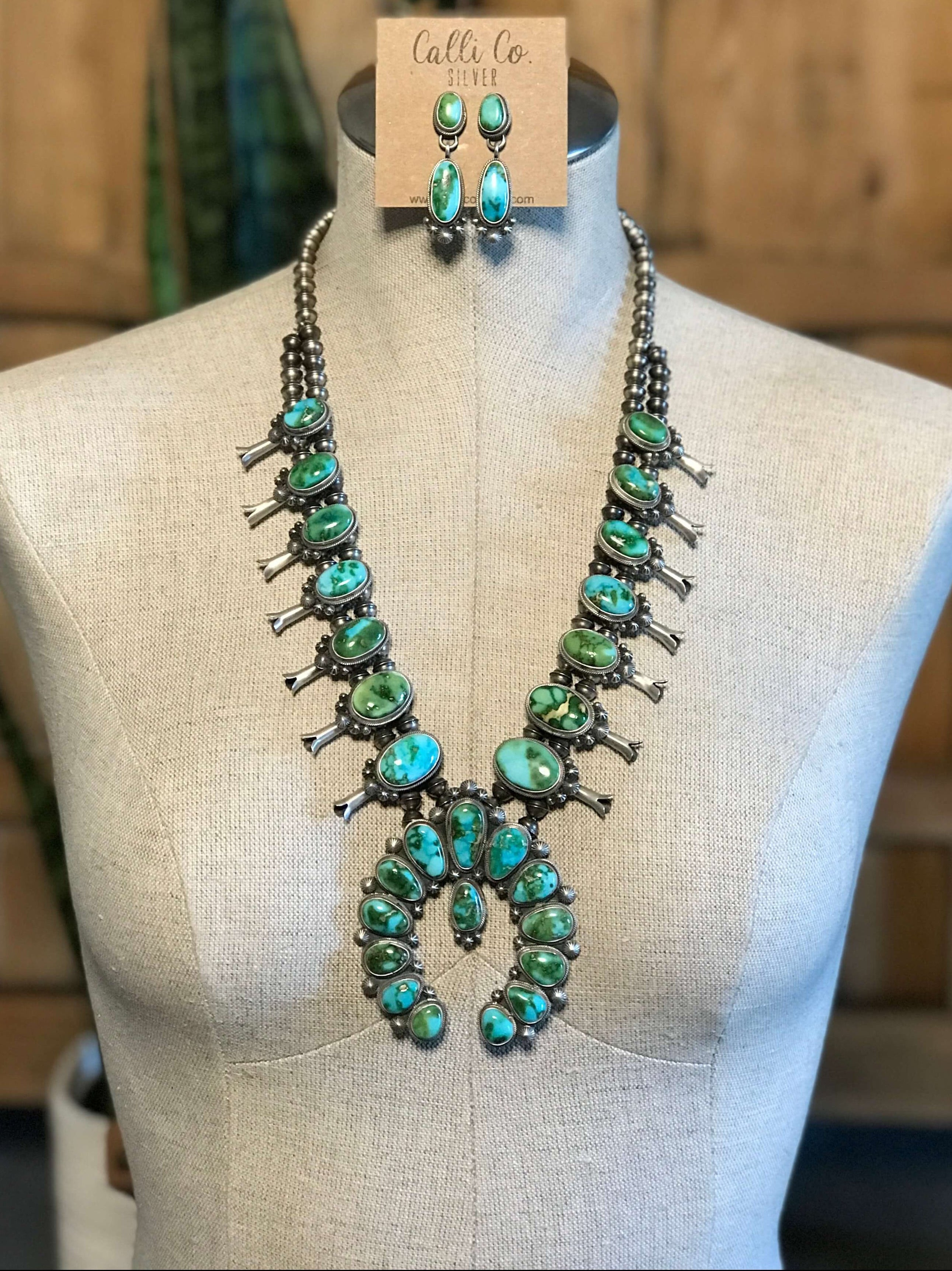 The Tuwa Squash Blossom Necklace Set-Necklaces-Calli Co., Turquoise and Silver Jewelry, Native American Handmade, Zuni Tribe, Navajo Tribe, Brock Texas