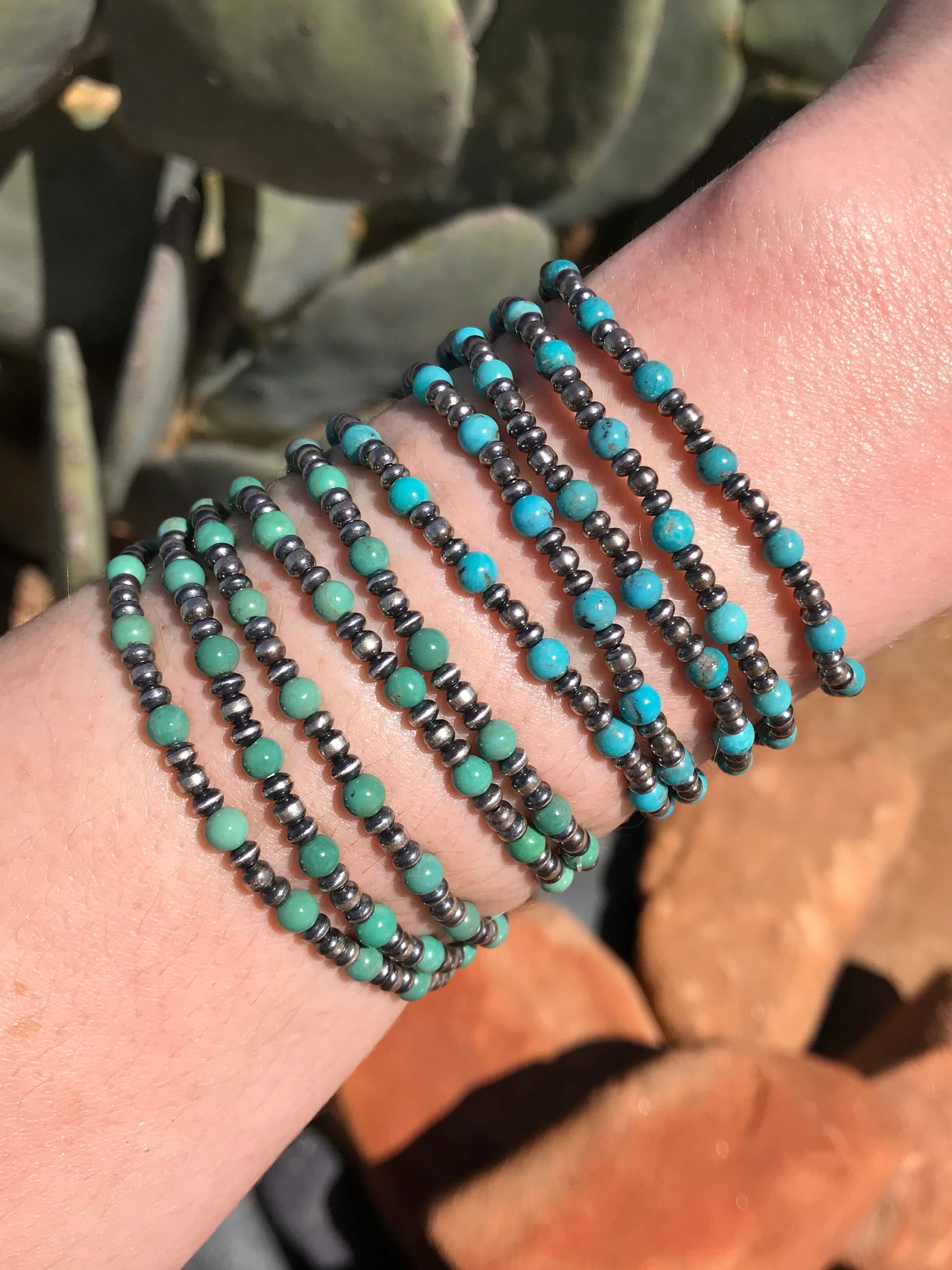 The Dainty Stretch Bracelet in Turquoise-Bracelets & Cuffs-Calli Co., Turquoise and Silver Jewelry, Native American Handmade, Zuni Tribe, Navajo Tribe, Brock Texas