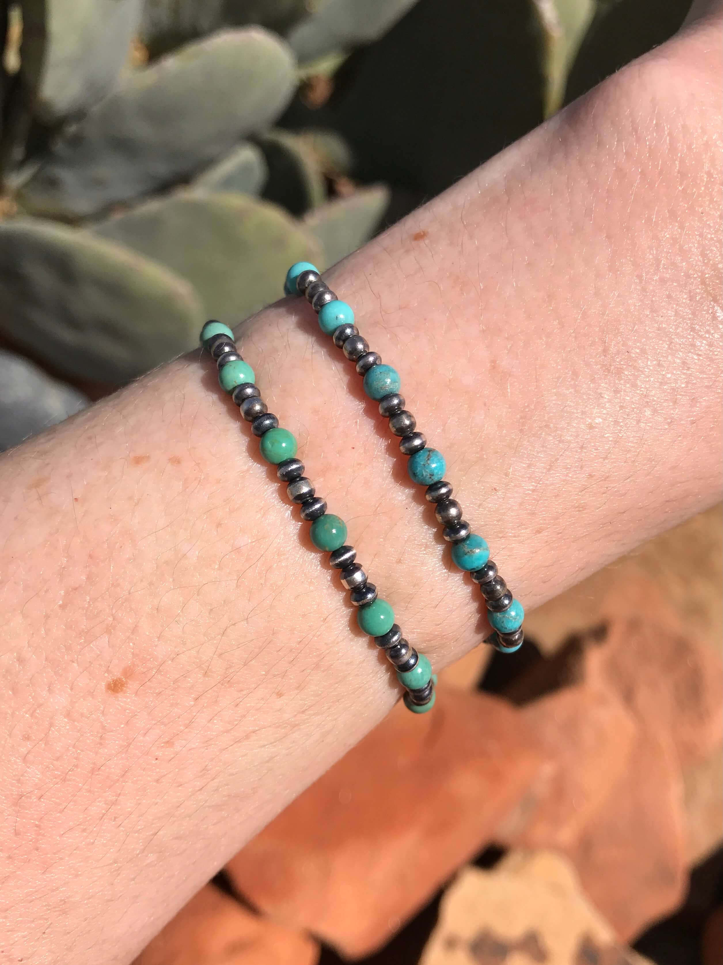 The Dainty Stretch Bracelet in Turquoise-Bracelets & Cuffs-Calli Co., Turquoise and Silver Jewelry, Native American Handmade, Zuni Tribe, Navajo Tribe, Brock Texas