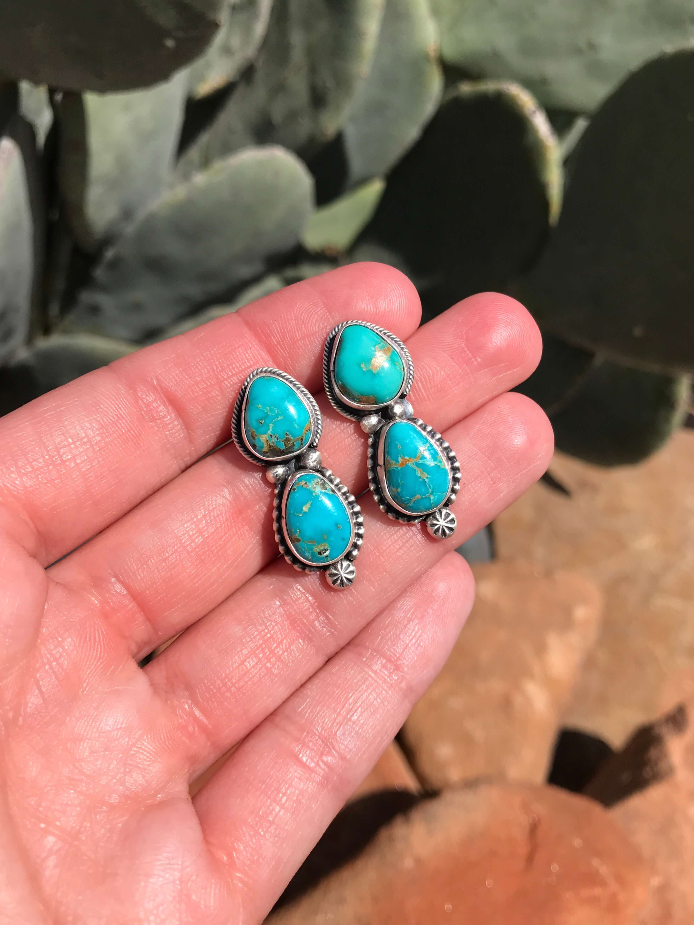 The Muse Turquoise Earrings, 2-Earrings-Calli Co., Turquoise and Silver Jewelry, Native American Handmade, Zuni Tribe, Navajo Tribe, Brock Texas