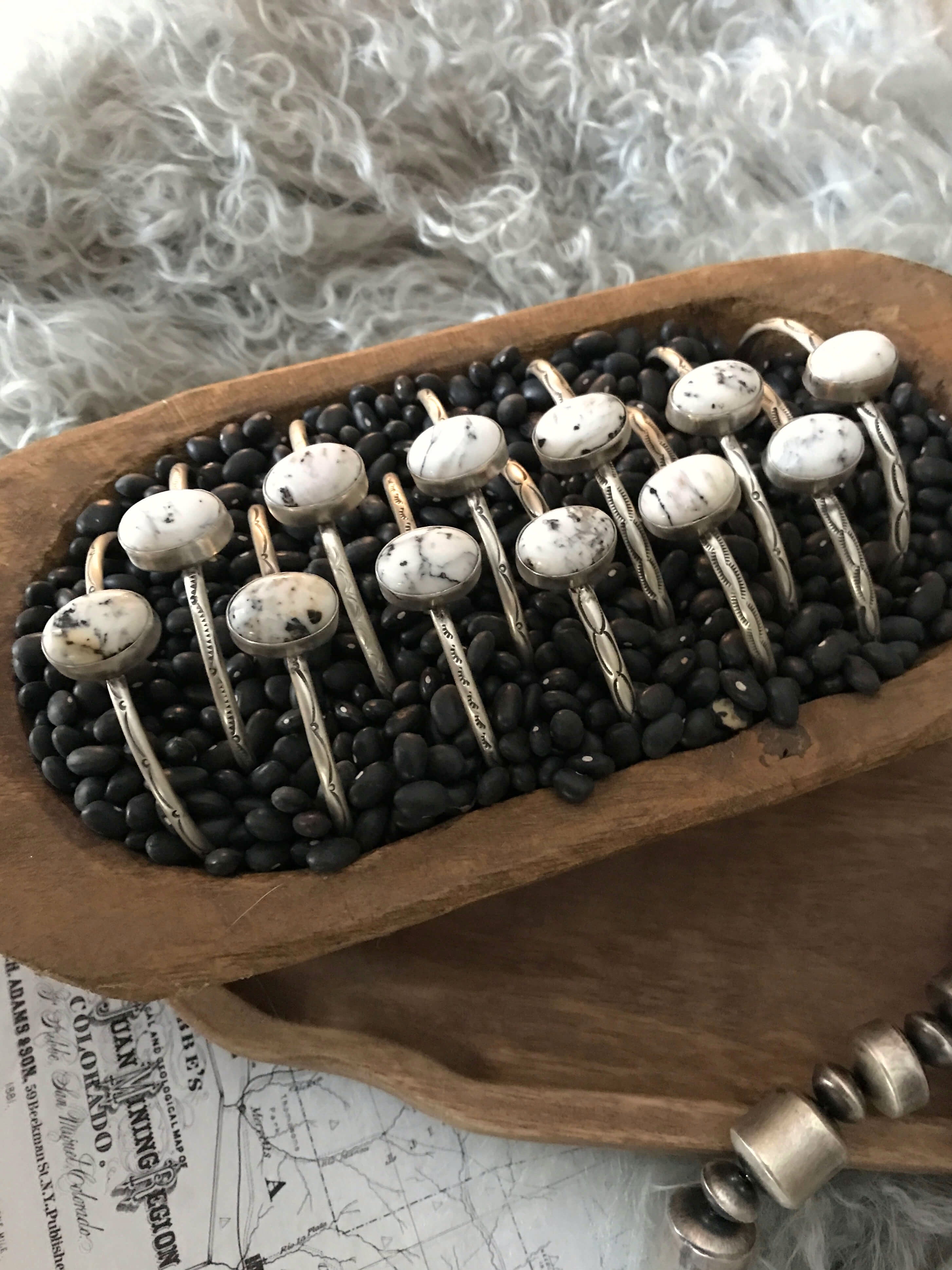 The Tahoka White Buffalo Cuffs-Bracelets & Cuffs-Calli Co., Turquoise and Silver Jewelry, Native American Handmade, Zuni Tribe, Navajo Tribe, Brock Texas