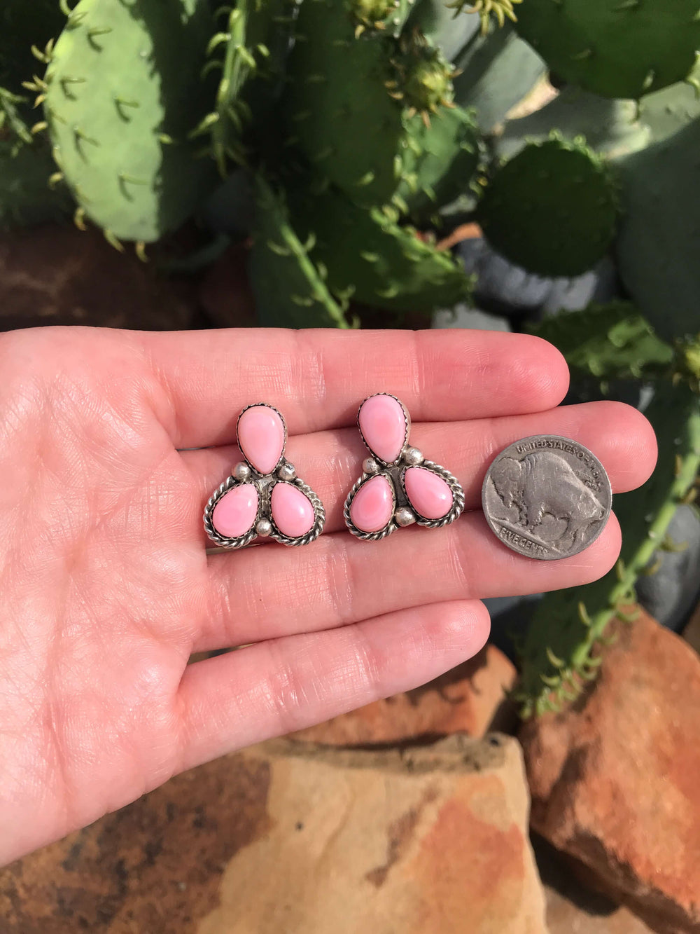 The Gracie Pink Conch Earrings, 1-Earrings-Calli Co., Turquoise and Silver Jewelry, Native American Handmade, Zuni Tribe, Navajo Tribe, Brock Texas