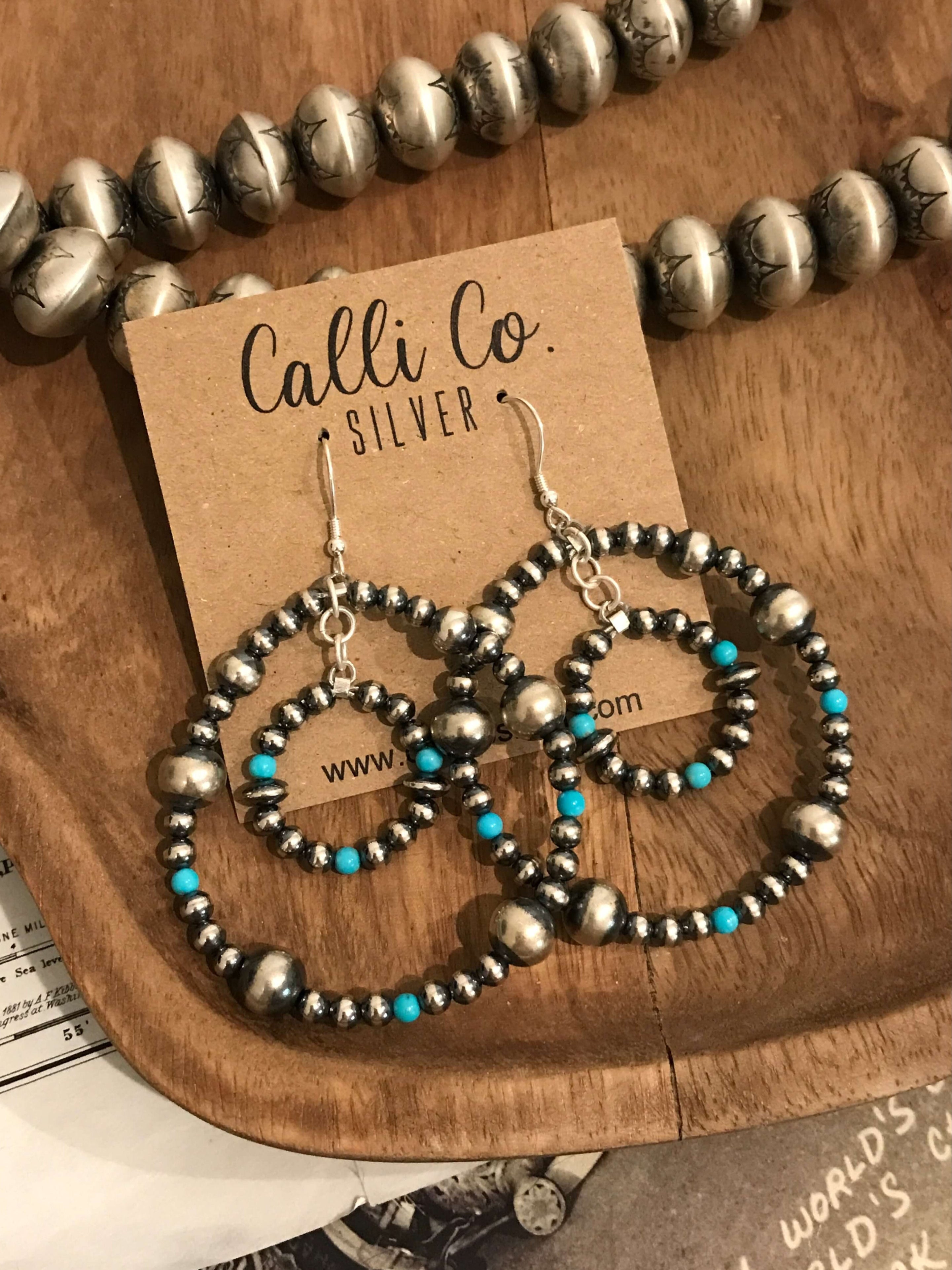 The Montezuma Hoop Earrings-Earrings-Calli Co., Turquoise and Silver Jewelry, Native American Handmade, Zuni Tribe, Navajo Tribe, Brock Texas