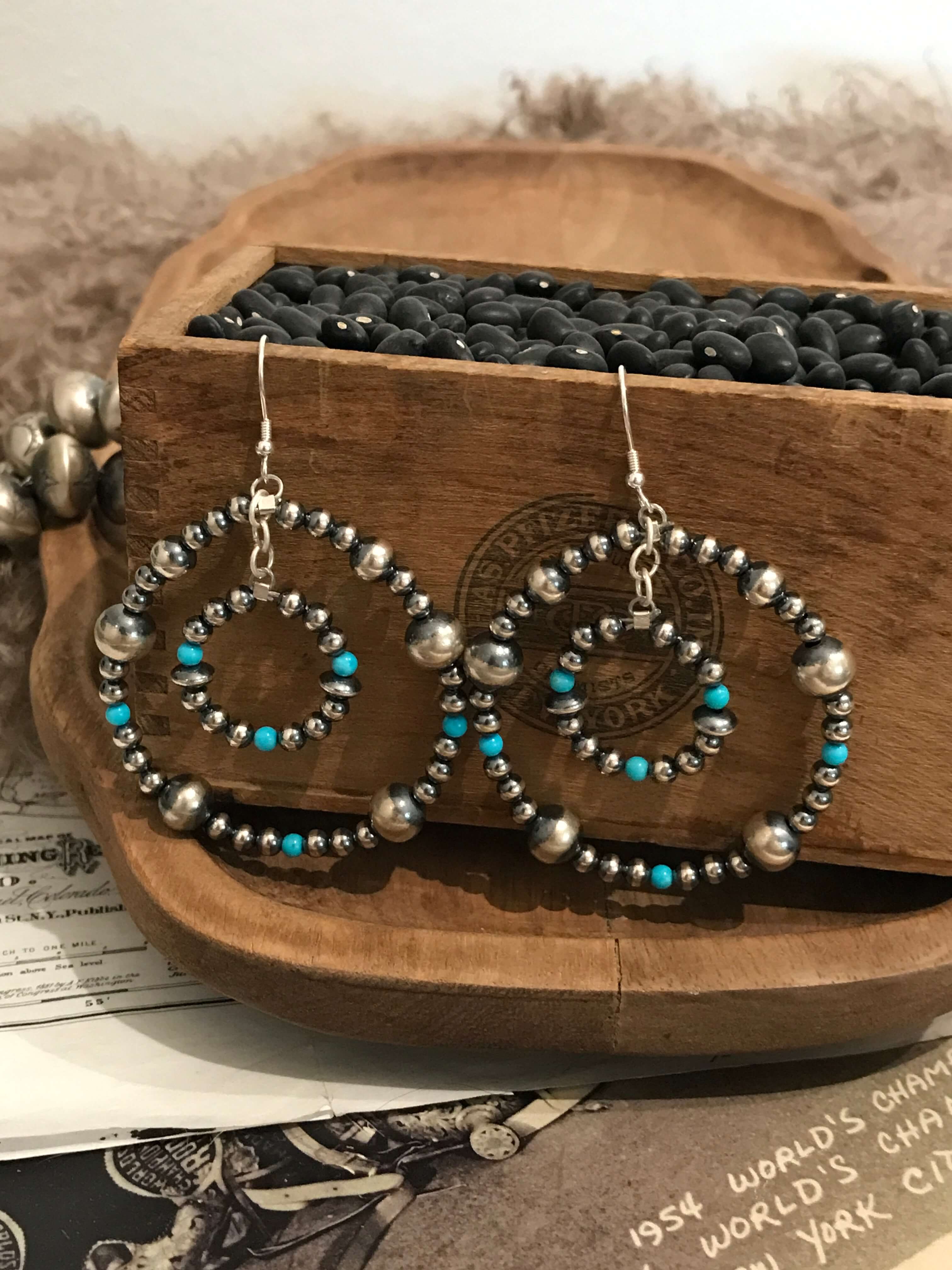 The Montezuma Hoop Earrings-Earrings-Calli Co., Turquoise and Silver Jewelry, Native American Handmade, Zuni Tribe, Navajo Tribe, Brock Texas