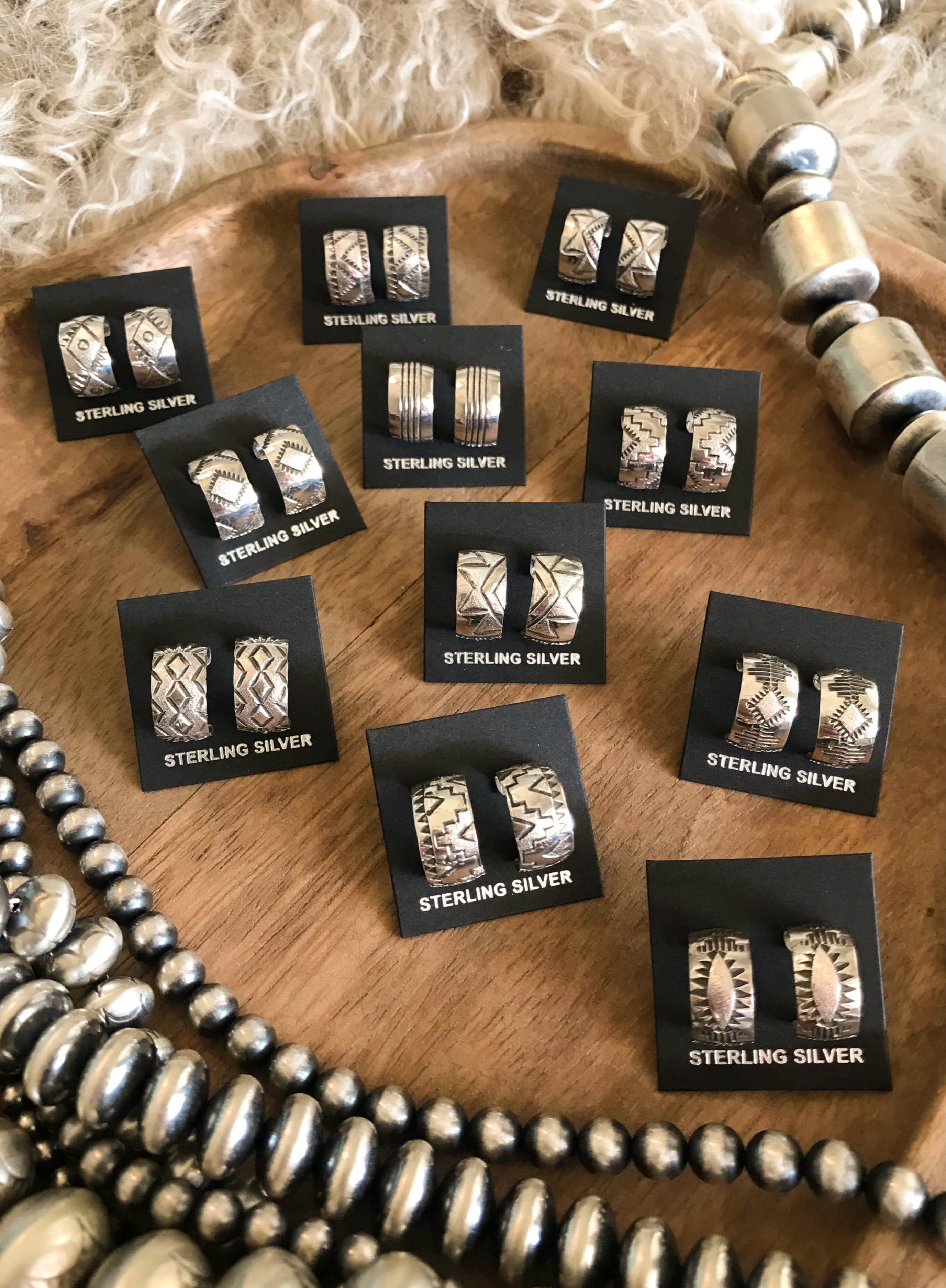 The Stamped Huggie Hoops-Earrings-Calli Co., Turquoise and Silver Jewelry, Native American Handmade, Zuni Tribe, Navajo Tribe, Brock Texas