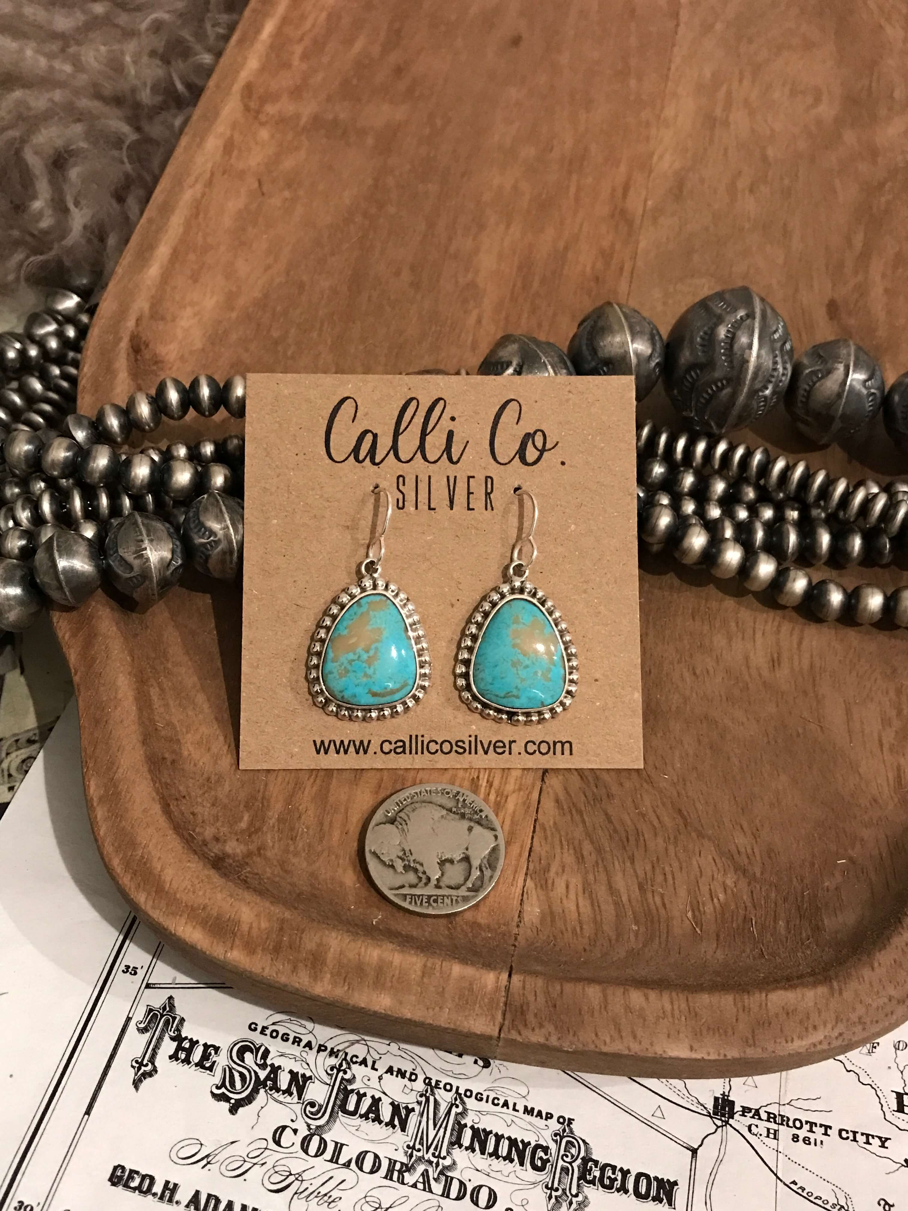 The Turquoise Dangle Earrings, 23-Earrings-Calli Co., Turquoise and Silver Jewelry, Native American Handmade, Zuni Tribe, Navajo Tribe, Brock Texas