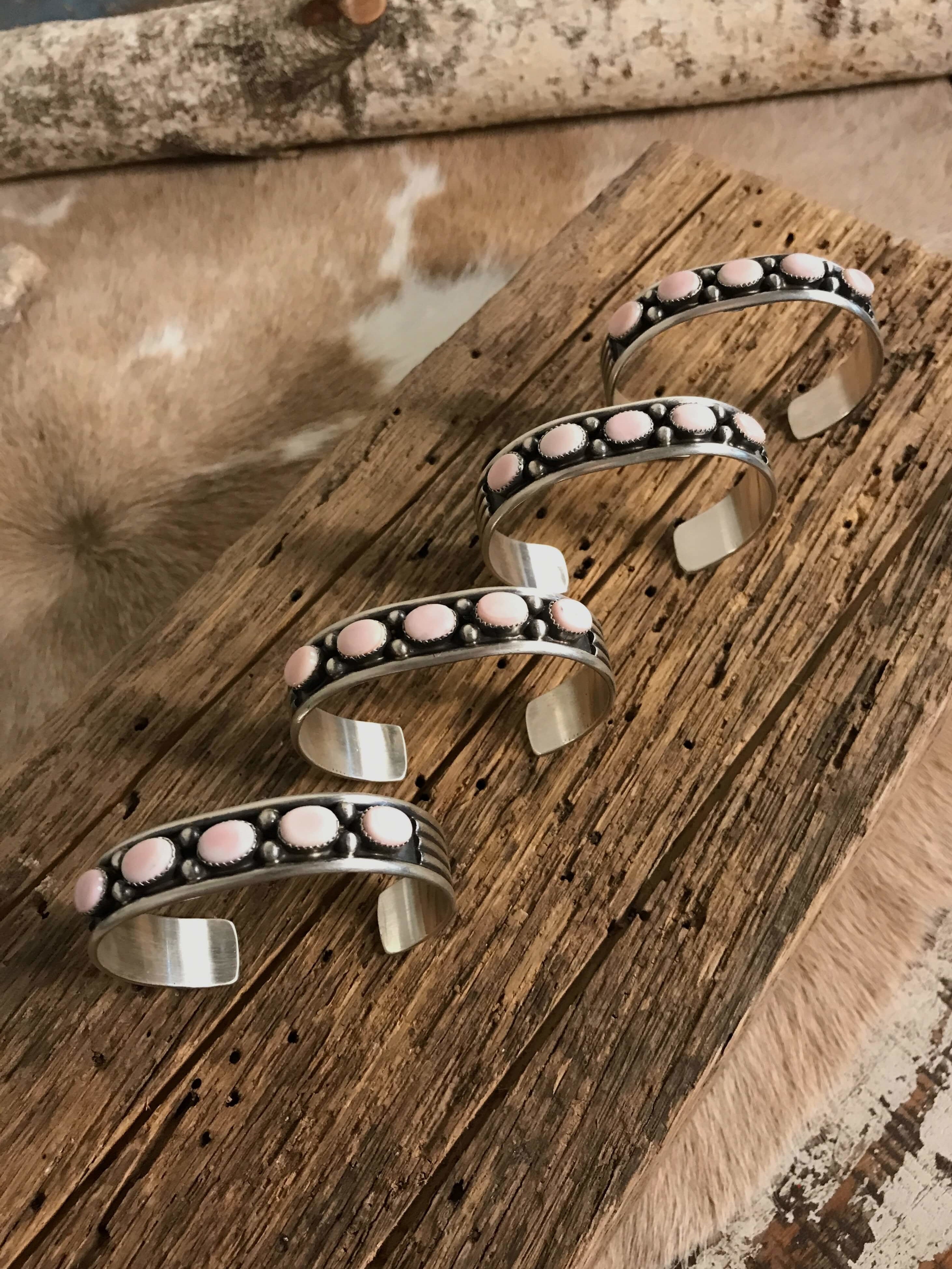 The Twain Pink Conch Cuffs-Bracelets & Cuffs-Calli Co., Turquoise and Silver Jewelry, Native American Handmade, Zuni Tribe, Navajo Tribe, Brock Texas