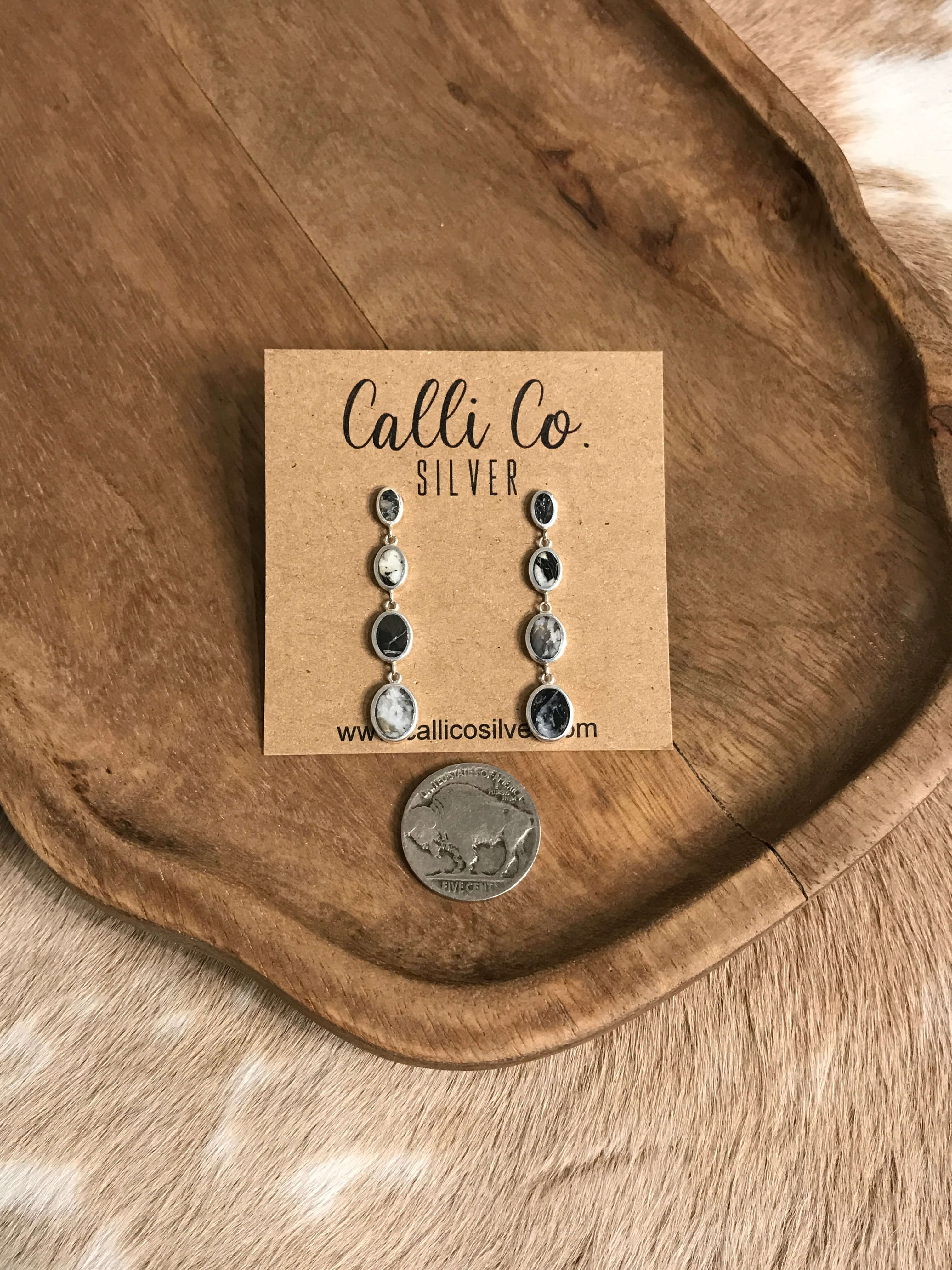 The Butler White Buffalo Inlay Dangles, 1-Earrings-Calli Co., Turquoise and Silver Jewelry, Native American Handmade, Zuni Tribe, Navajo Tribe, Brock Texas