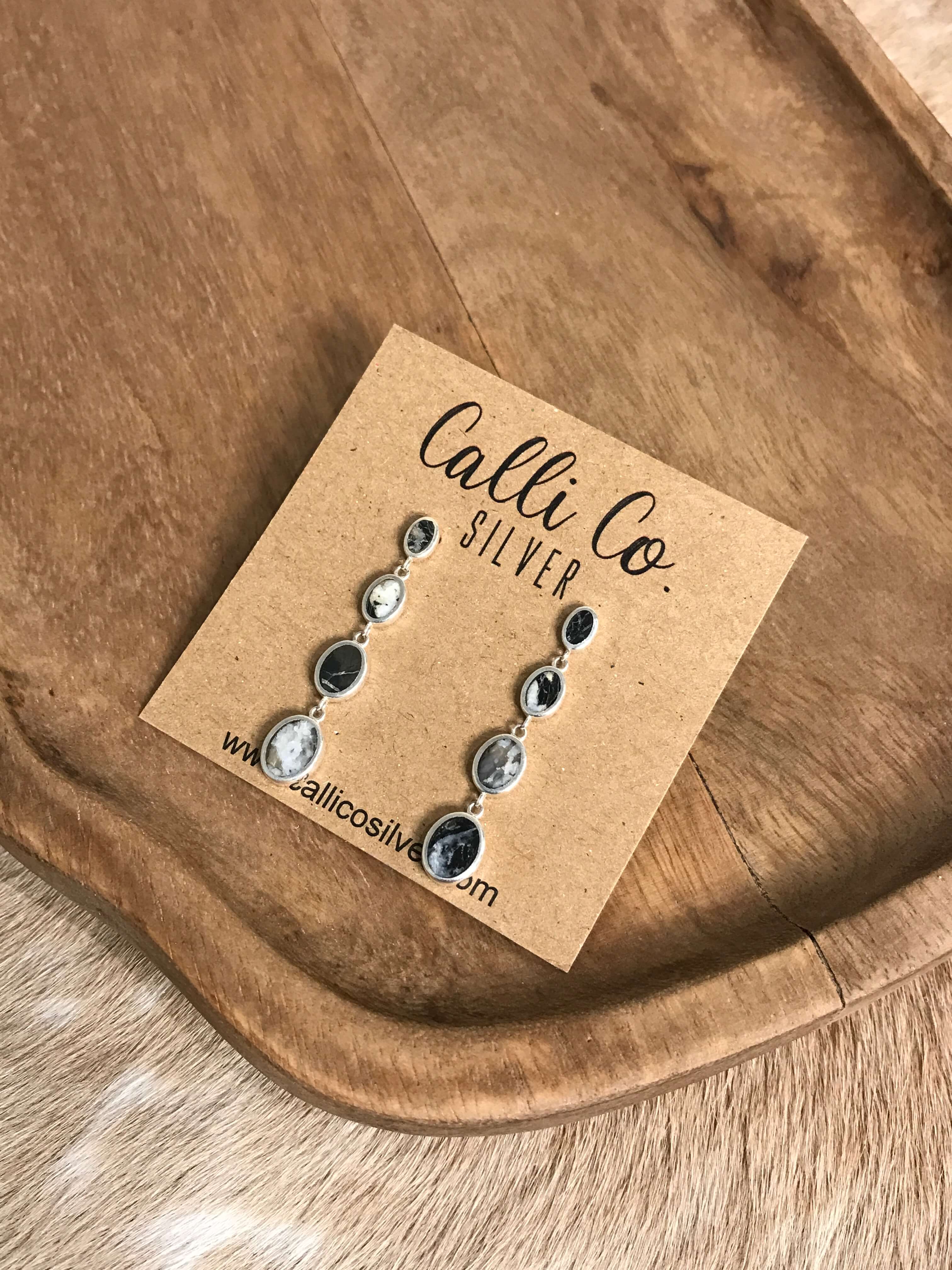 The Butler White Buffalo Inlay Dangles, 1-Earrings-Calli Co., Turquoise and Silver Jewelry, Native American Handmade, Zuni Tribe, Navajo Tribe, Brock Texas
