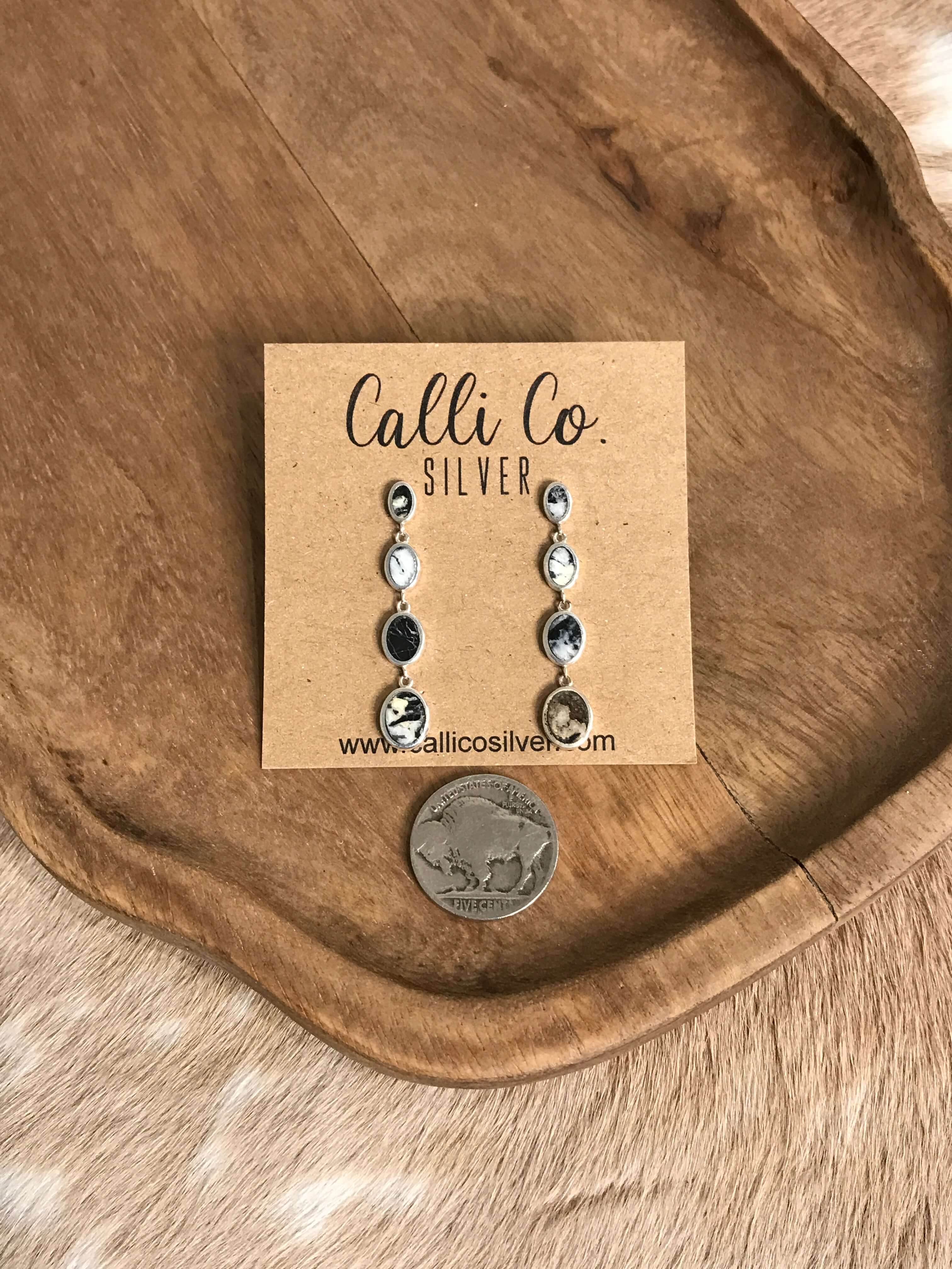 The Butler White Buffalo Inlay Dangles, 2-Earrings-Calli Co., Turquoise and Silver Jewelry, Native American Handmade, Zuni Tribe, Navajo Tribe, Brock Texas
