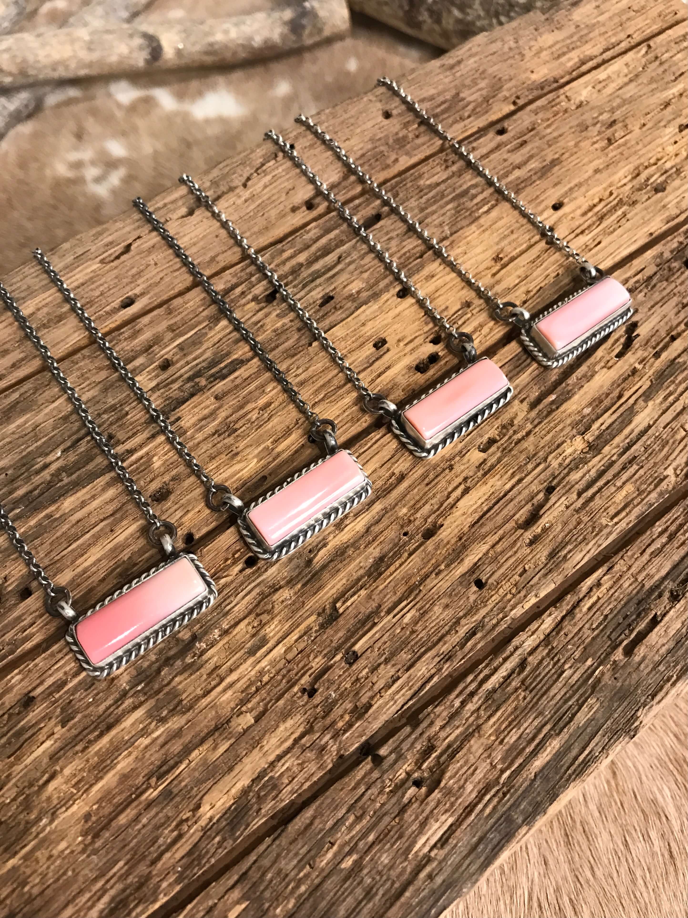 The Little Chief Pink Conch Bar Necklaces-Necklaces-Calli Co., Turquoise and Silver Jewelry, Native American Handmade, Zuni Tribe, Navajo Tribe, Brock Texas